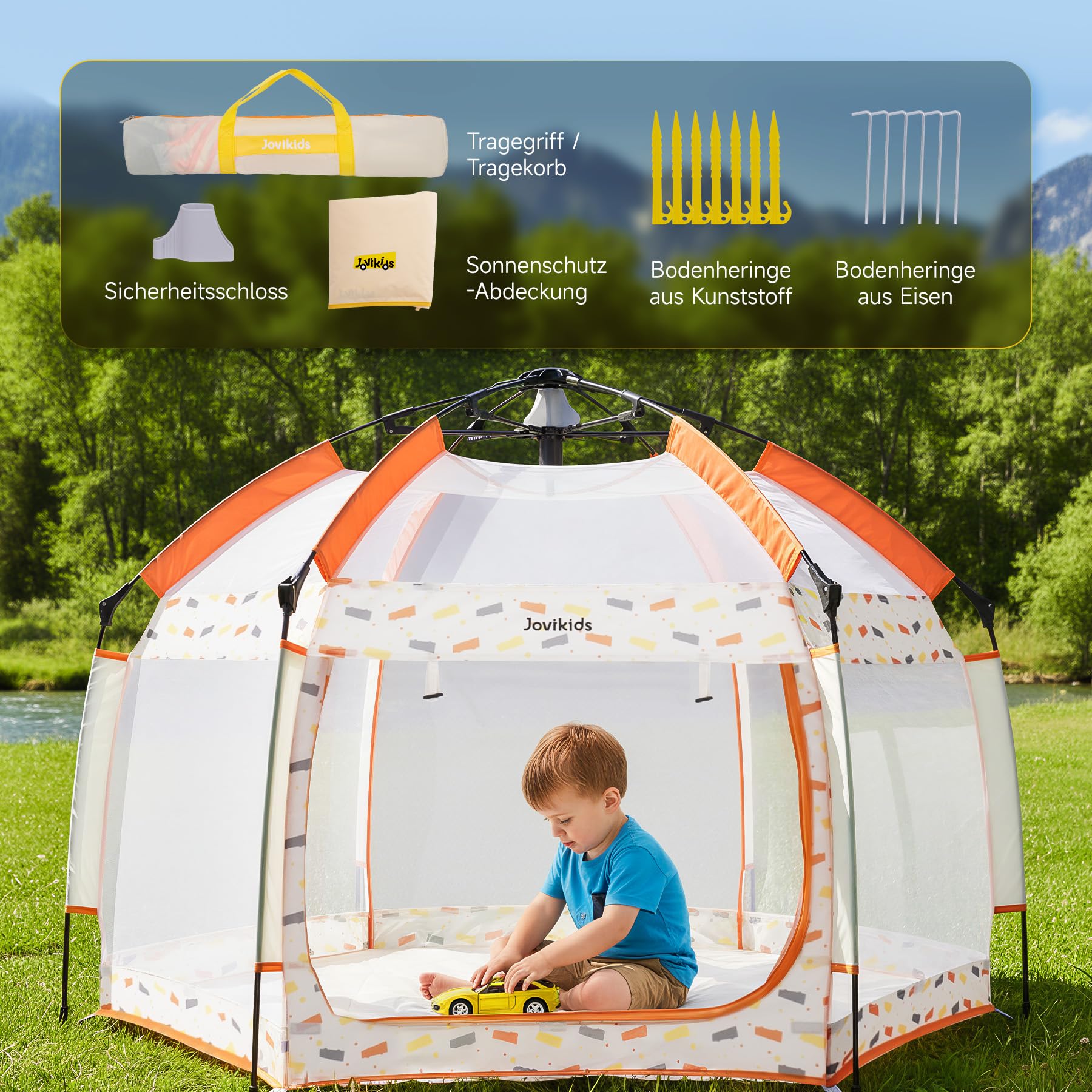 Jovikids Faltbarer Laufstall Baby mit Baldachin, Pop-up Zelt Kinder Outdoor, Großer 6 Eckig Playpen mit Tragetasche für Haus, Garten, Strand, 150x150x105cm