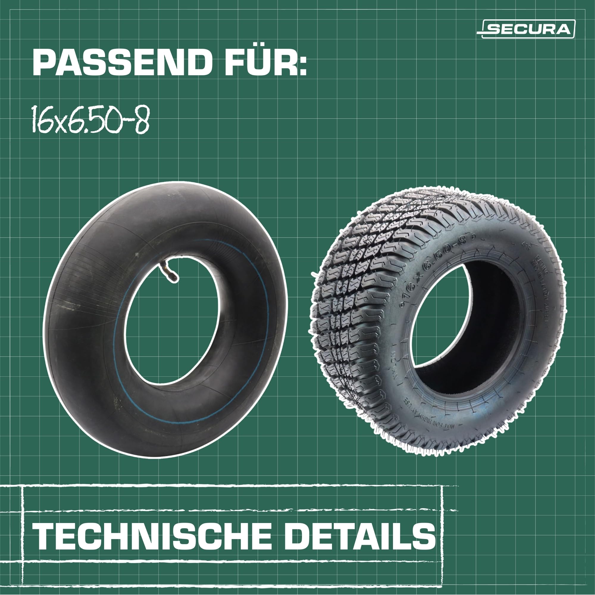 SECURA 2x Reifen 16x6.50-8 tubeless inkl. Schläuche mit abgebogenem Winkelventil TR87