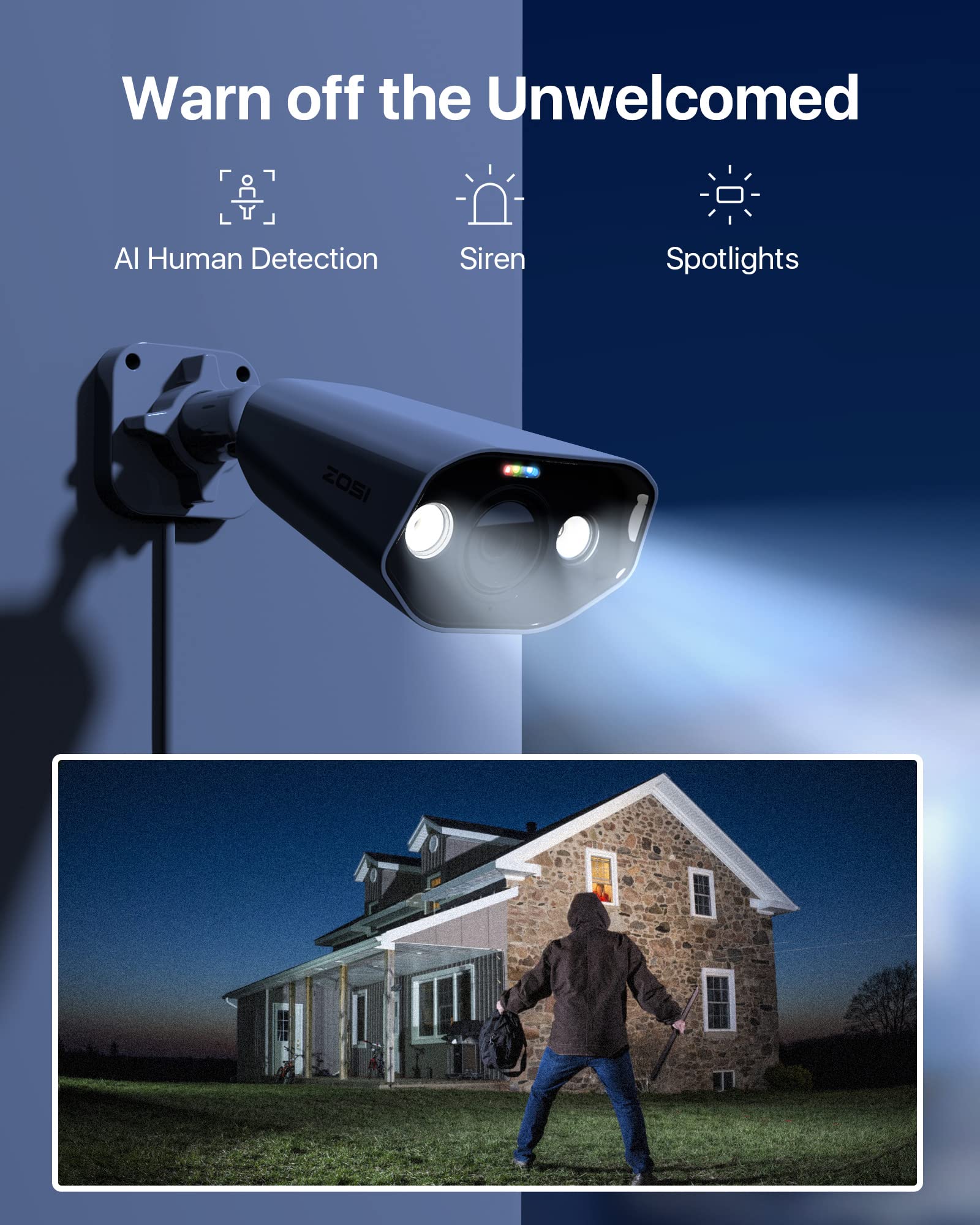 ZOSI 4K Kit de Cámara de Seguridad PoE 8CH 8MP H.265+ Grabador NVR con 8pcs Cámaras de Vigilancia Exterior, Visión Nocturna en Color, Alarma de Luz y Sirena, Audio, 2TB HDD Incluido