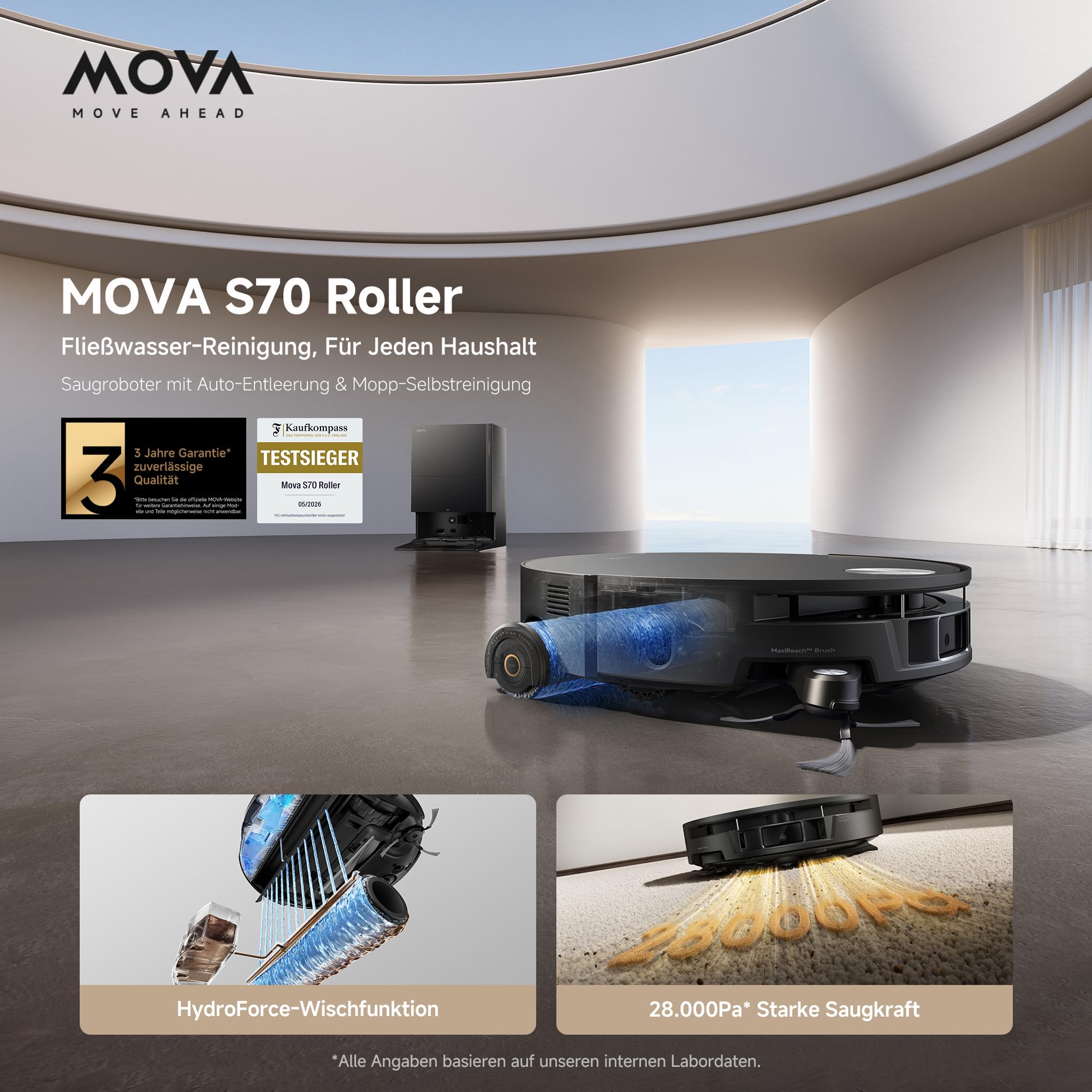 Mova S70 Roller Saug- und Wischroboter, Frischwasser-Wischen, 28.000 Pa, DToF+Linienlaser Hindernisvermeidung, 90mm flach, ausfahrbarer Mopp, 80°C Heißwasser-Selbstreinigung, 75°C Trocknung