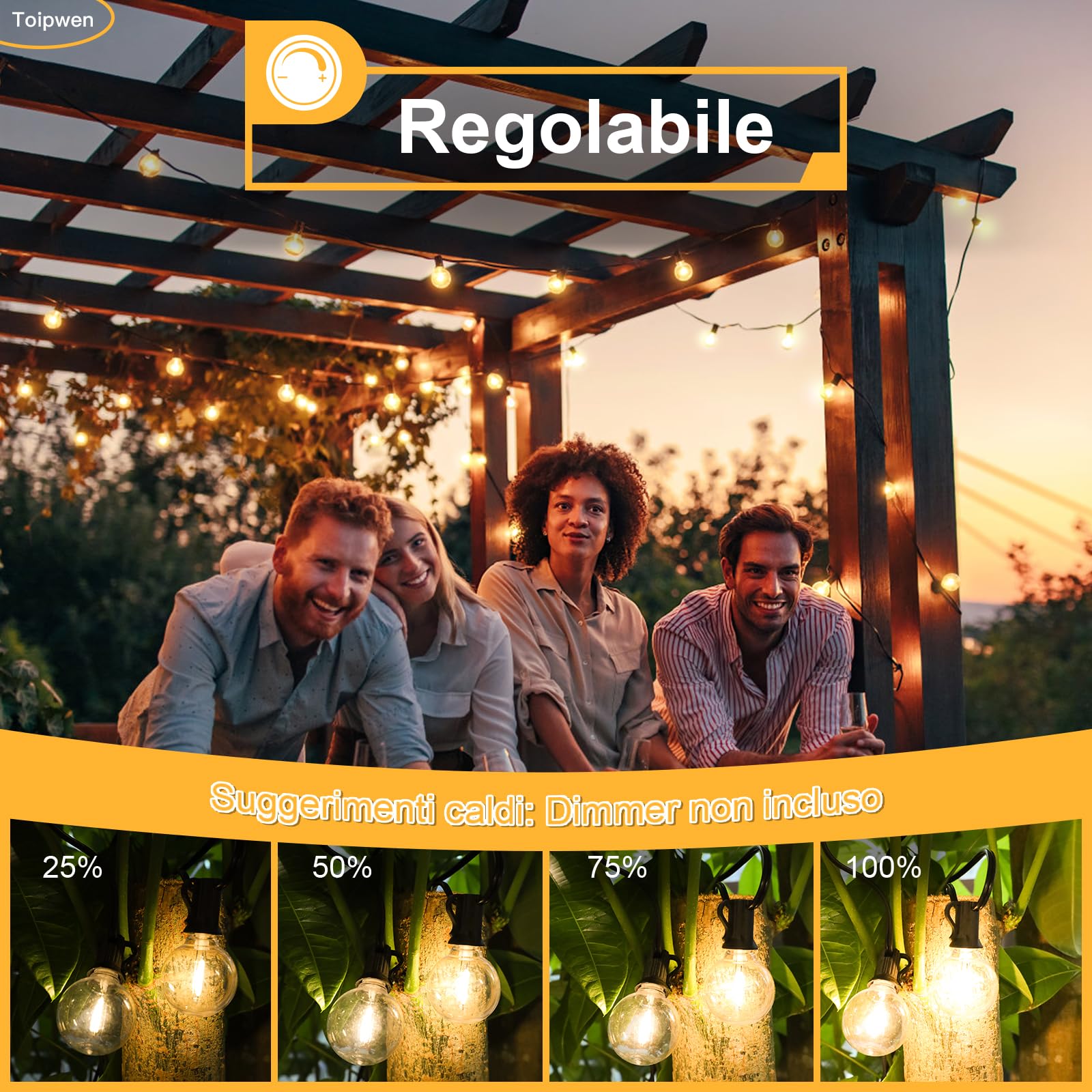 Toipwen Catena Luminosa Esterno, 30M Luci da Esterno Giardino con 50+2 Lampadina di Plastica, IP45 Impermeabile, Bianco Caldo 2700K, Decorazione Esterni Interni per Giardini, Terrazze, Feste
