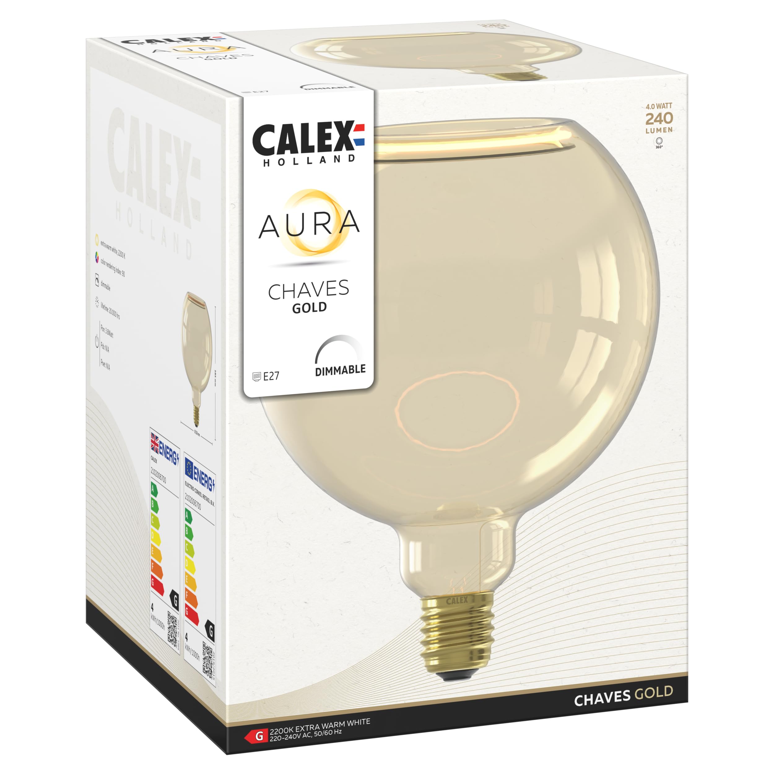 CALEX - Aura Chaves LED Bulb, Floating Globe Light, E27, Gold, G150 Dimmable Warm White Light, 4W - Image 3