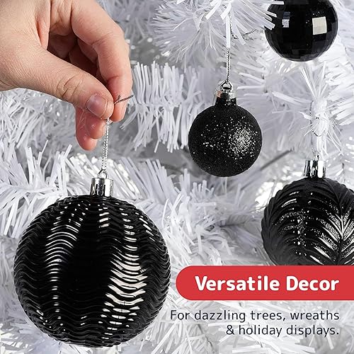 Miniatura 4 de PREXTEX - Juego de 36 bolas navideñas negras inastillables con presillas para colgar para decoraciones de árboles de Navidad, bolas navideñas