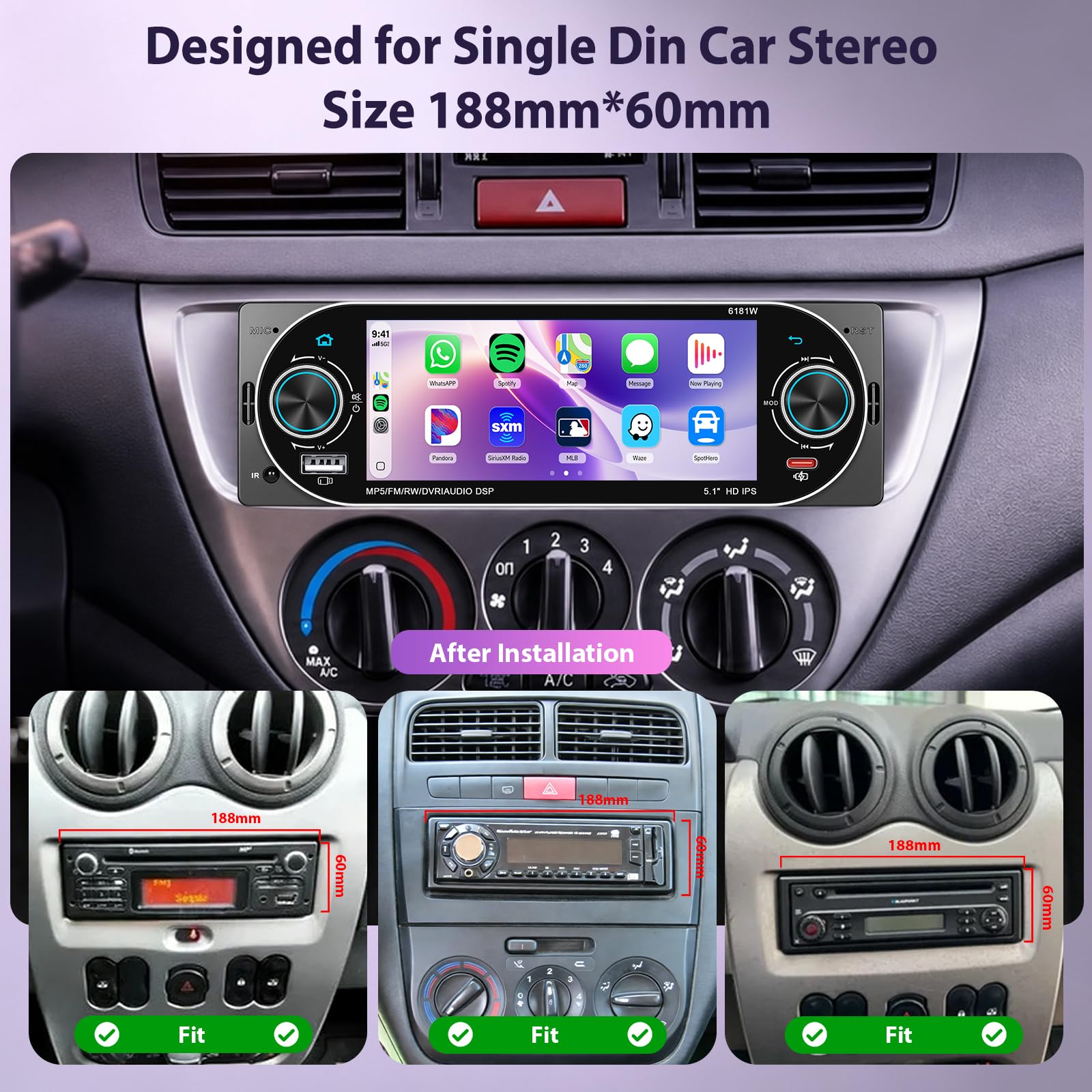 Hodozzy Bezprzewodowe radio samochodowe z systemem Android 1 Din z ekranem 5.1 cala z USB Type-C, kompatybilne z Bluetooth 5.2, radiem FM, szybkie ładowanie, lustro łącze, EQ, kamera cofania