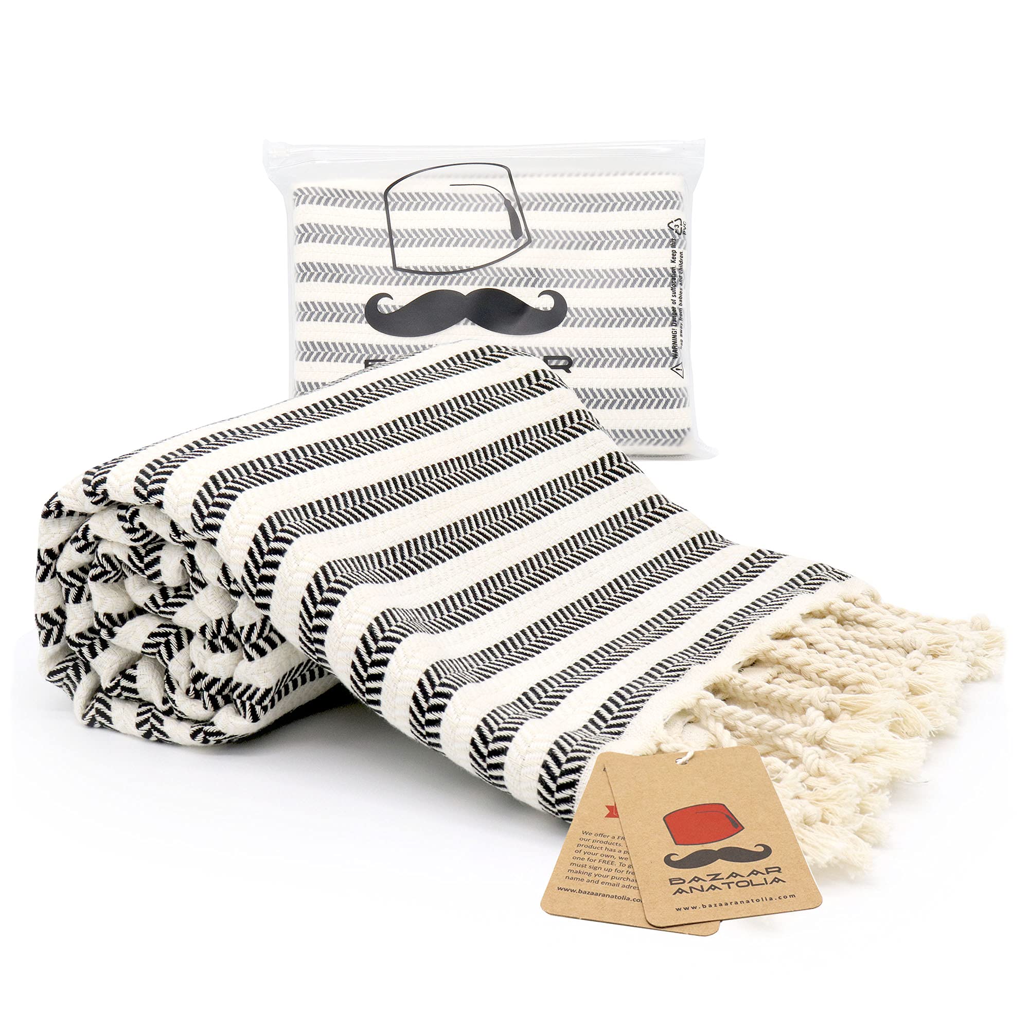 Bazaar AnatoliaTurkish Beach Towel 100% Cotton Bath Towels Oversized 77x38 Large Boho Farmhouse Bathroom Sheets Decor Gym Pool Quick Dry Striped Arpa (Black)