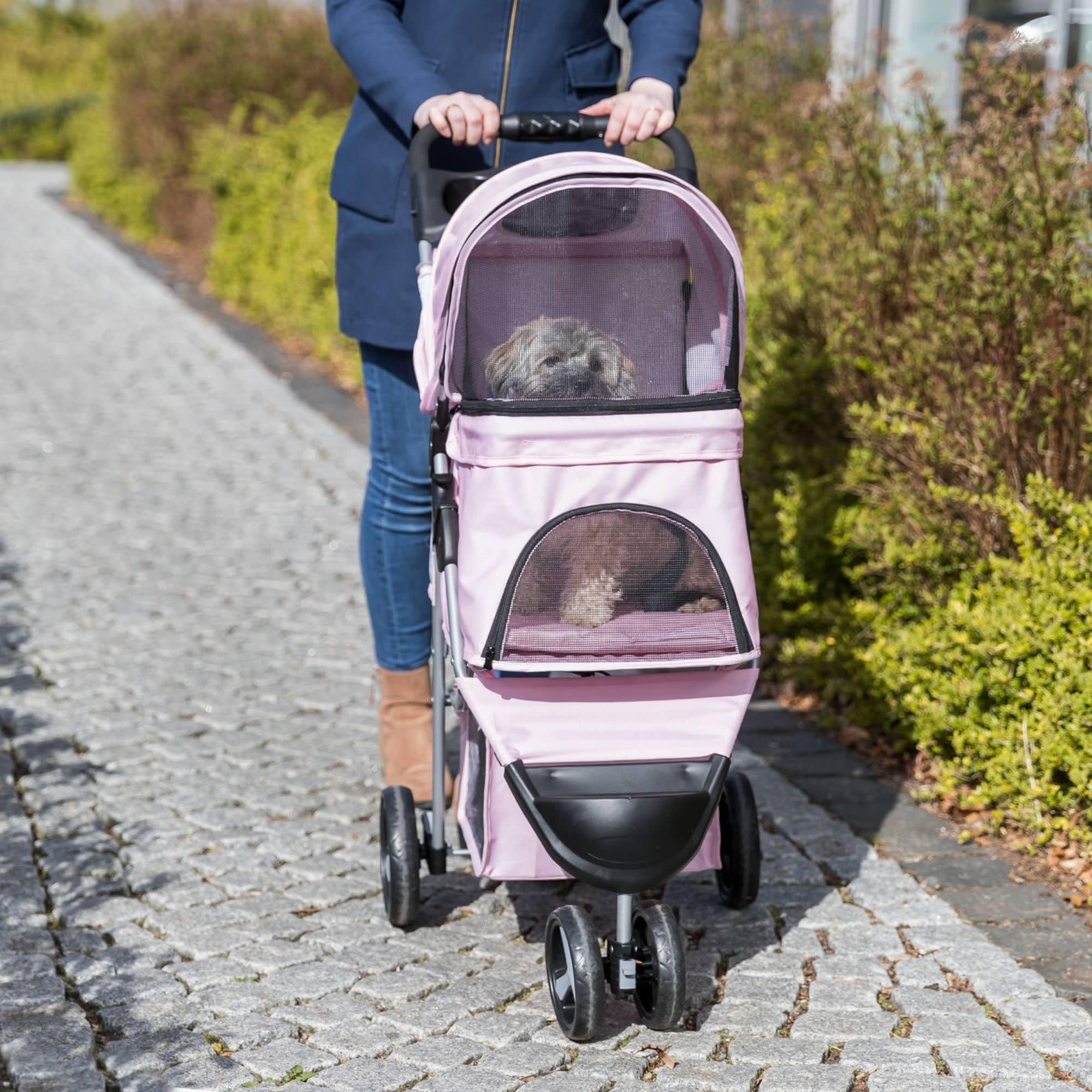 TRIXIE Passeggino pieghevole per cani e gatti, trasportino per animali domestici, con copertura per le intemperie, cestino portaoggetti, portabicchieri, rosa
