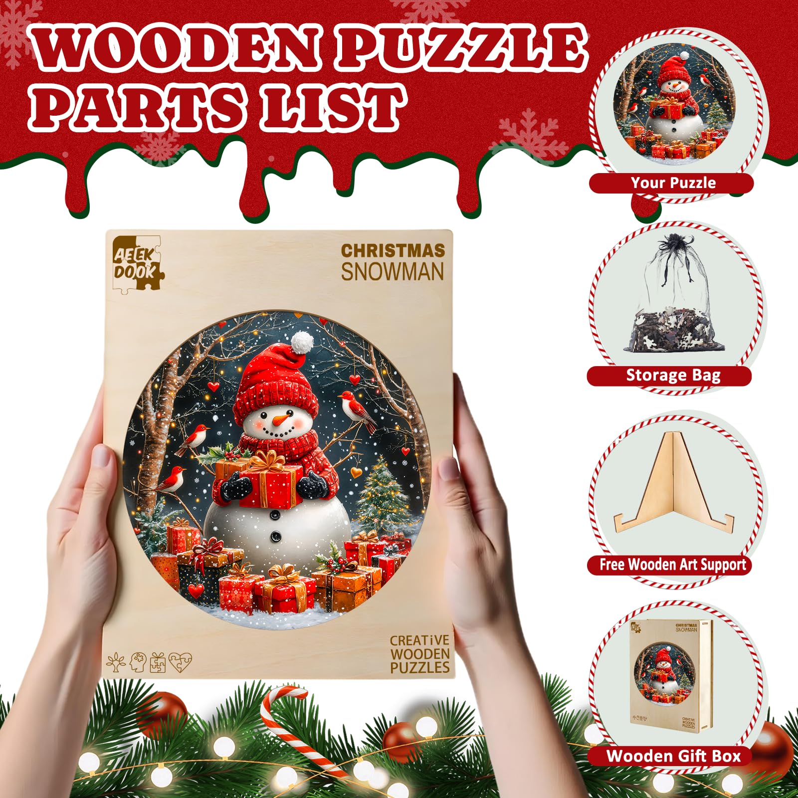 Puzzles de Noël en bois pour adultes – Bonhomme de neige | Pièces de puzzle en bois de forme unique, cadeaux ronds en bois pour les amateurs de puzzle, la famille (34 x 34 cm