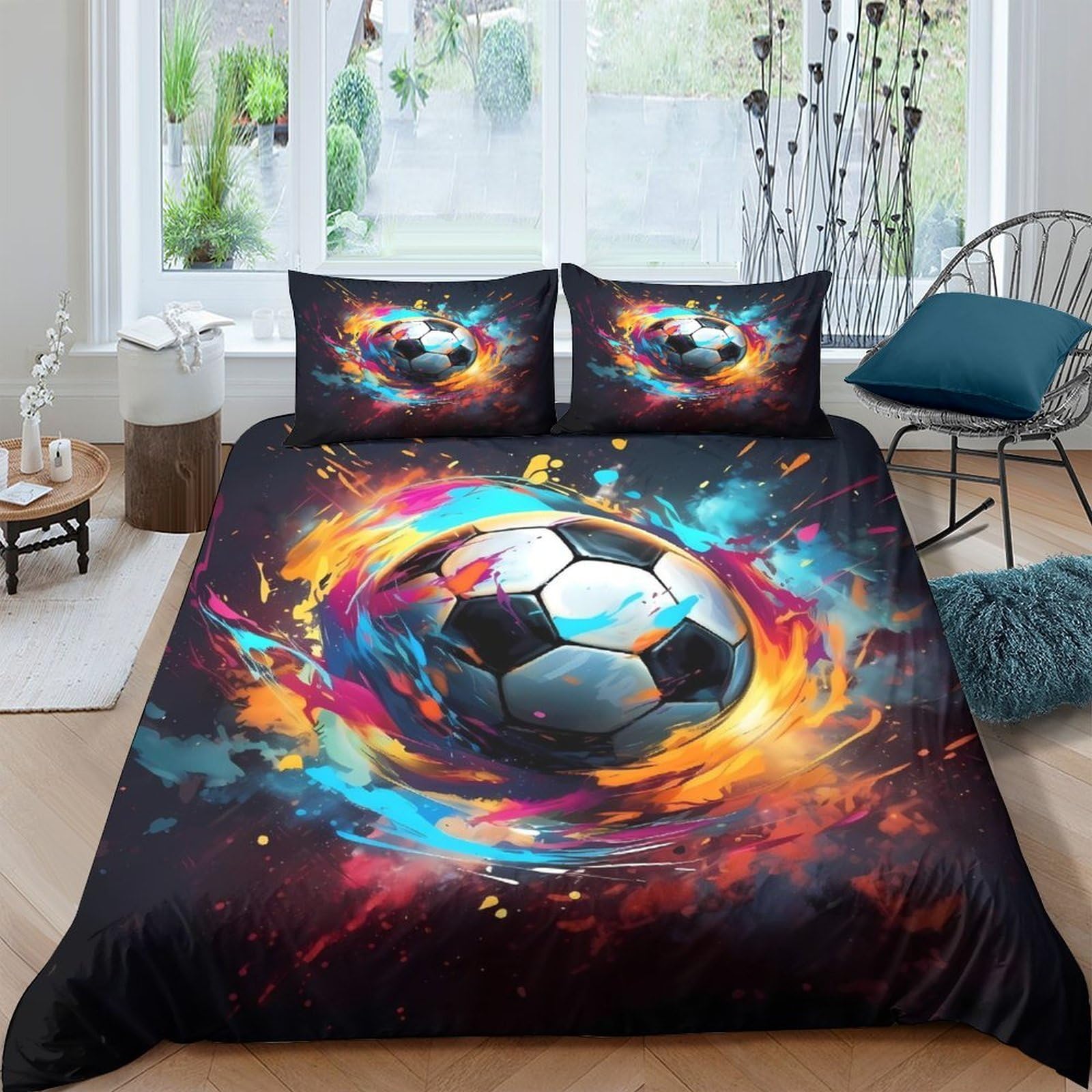 Ctjqhvkz Style-8 3D Printed Vibrant Soccer Fitted Sheet Microfiber Soft Breathable Fire Ball Bed Cover For Bedroom Guest Room Mattress Decor Single（135X200cm）