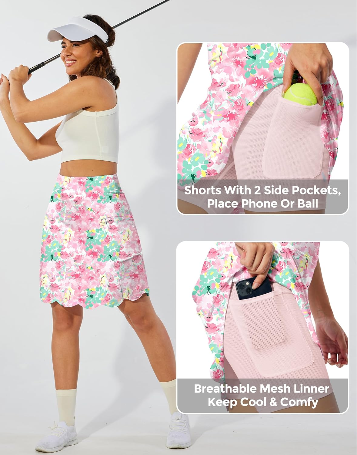 M MOTEEPI 20" Scalloped Hem Golf Skirts for Women with Zipper Pockets Womens Skort Tummy Control