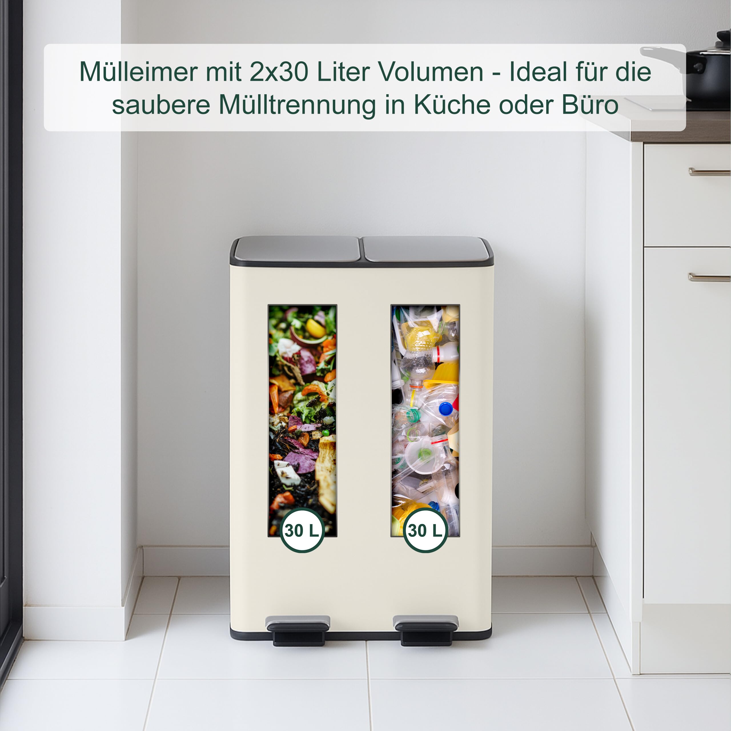 Relaxdays Mülleimer, 2 Fächer, je 30 Liter, entnehmbare Inneneimer, Fußpedal, Küche, Tretmülleimer, Eisen, beige/silber