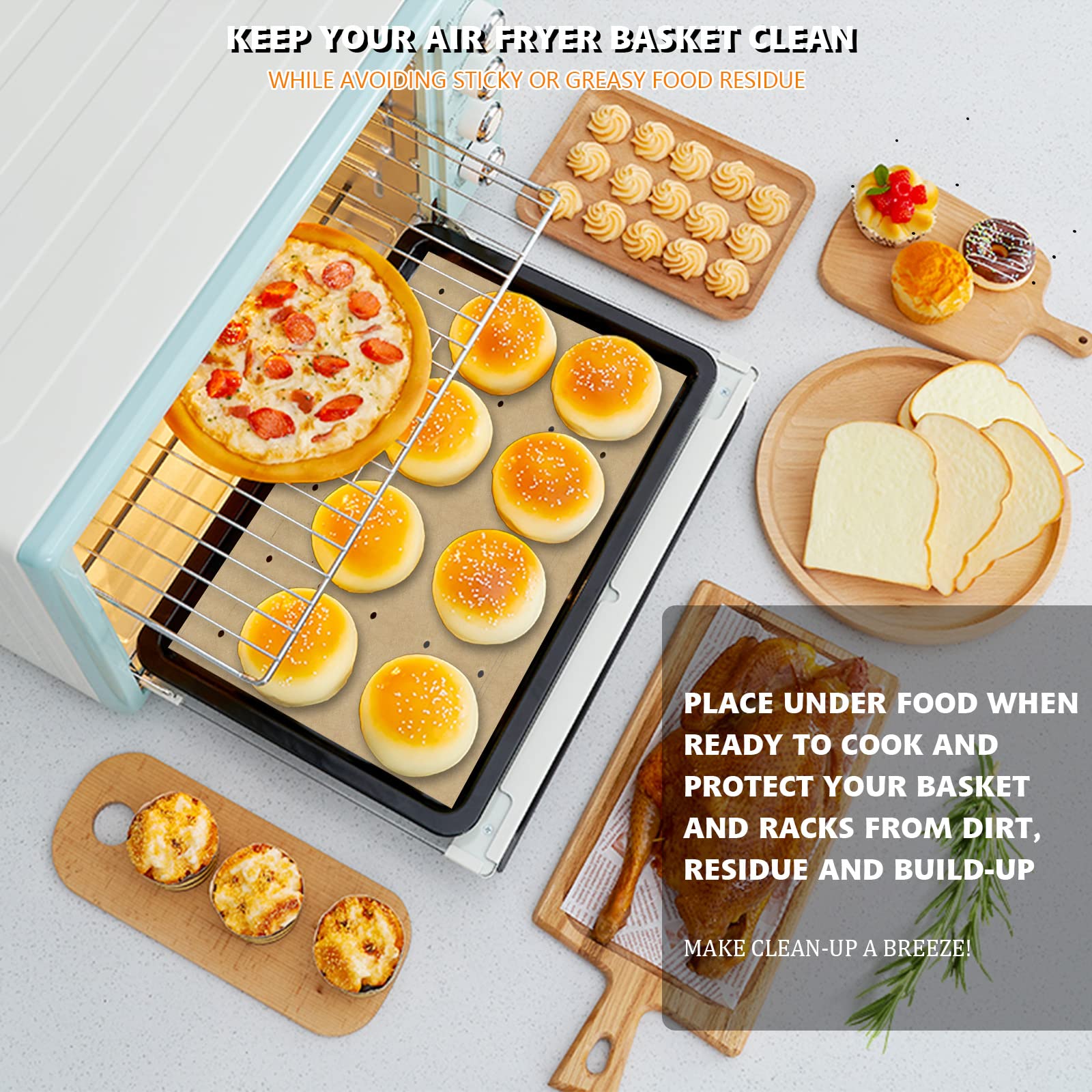 Cuisinart Air Fryer Liners - 100 Parchment Sheets + 4 Non-Stick Mats | Reusable & Easy Clean