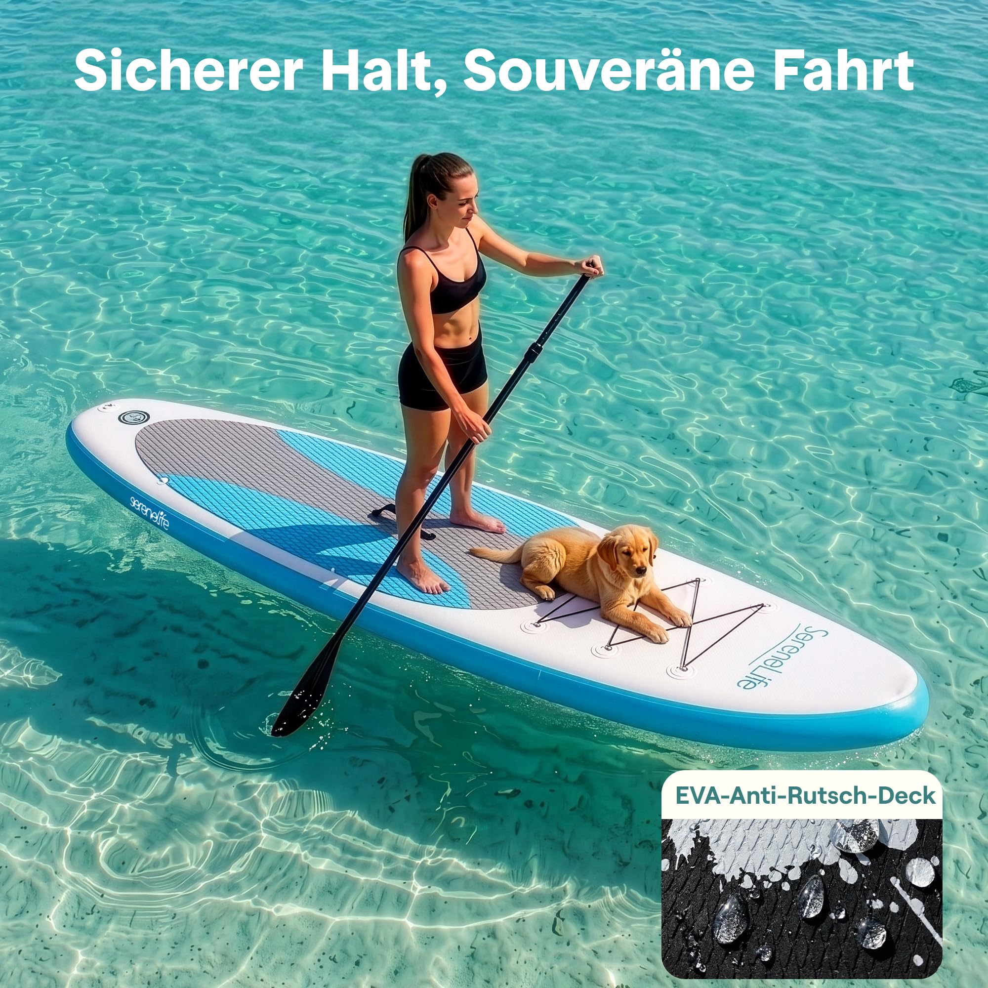SereneLife Stand Up Paddling Board Set, SUP Board Komplettes Zubehör, Stand Up Paddle Board für Kinder & Erwachsene, Surfbrett & Tragetasche, Paddle Set Anti-Rutsch mit Pumpe, Auflasbares Paddelbrett