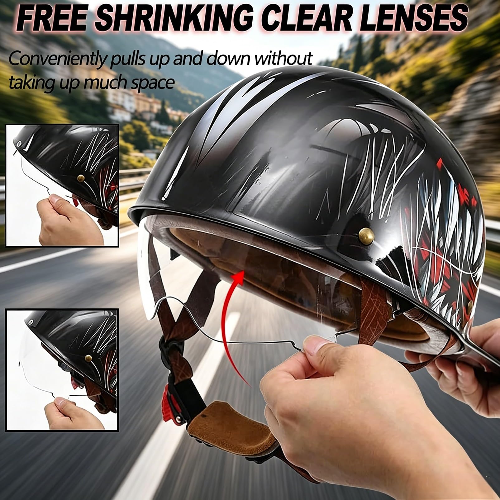 Kask Motocyklowy Jet z Homologacją ECE R22.06 i DOT, Styl Retro Niemiecki Ultra-Lekki z Blendą Przeciwsłoneczną, Legalny na Drogi dla Skutera Mopeda, Maska w Zestawie