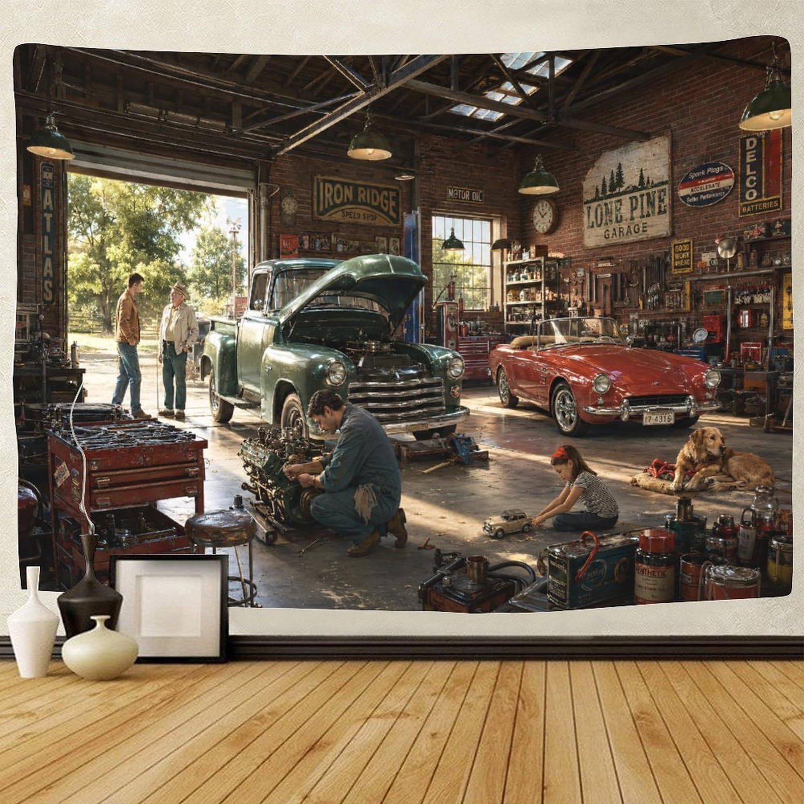 GPMNBCXZK Vintage Car Workshop Tapestry for Bedroom 3D Print Wall Art Decor Tapestries Poster Home Decoration Bedroom Dorm 150cmx200cm