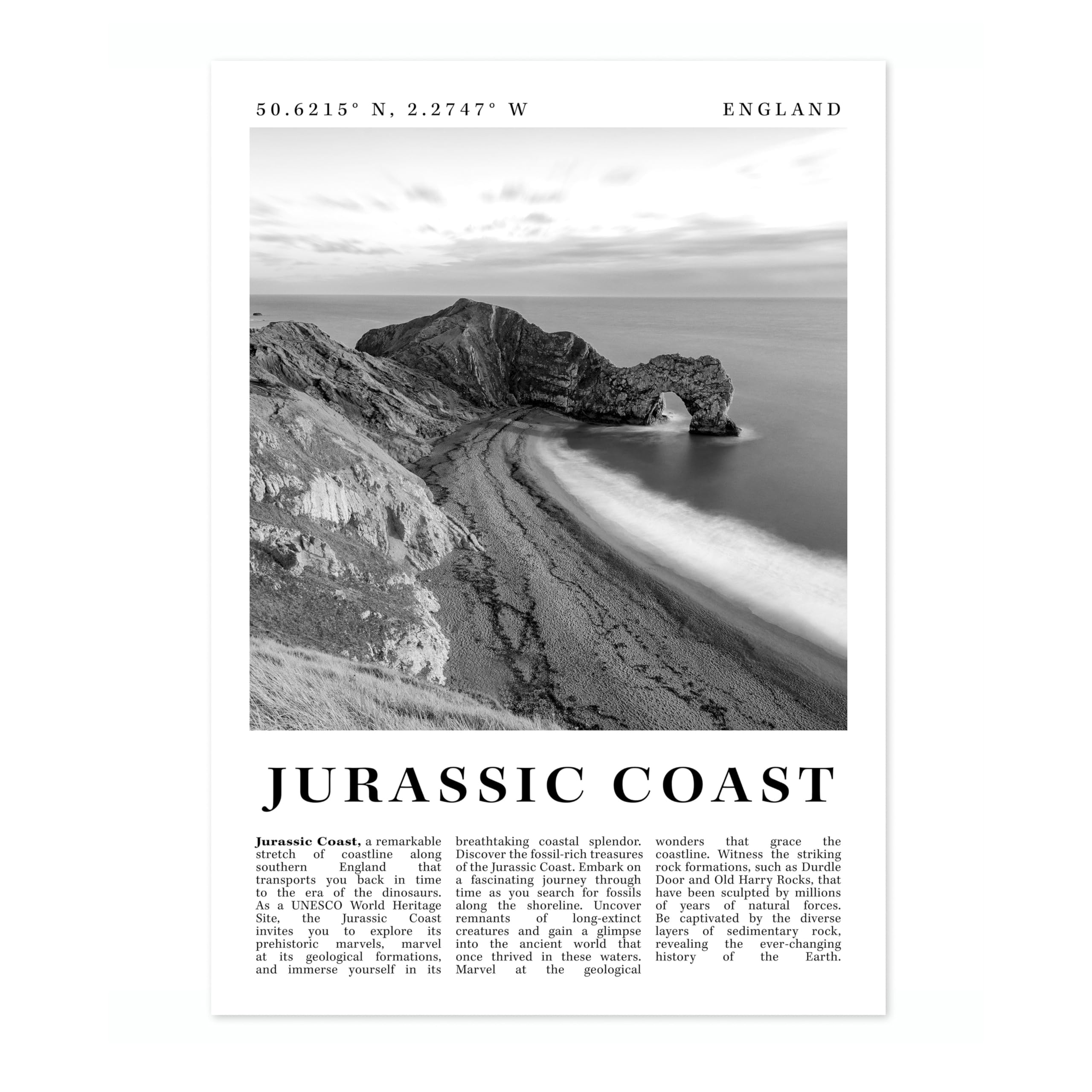 Jurassic Coast - England England Travel Poster, Black And White Photographic City Destination Print, Britain Picture, Living Room Decor, Archival Matte, A3 (Print Only) - 42x29.7cm