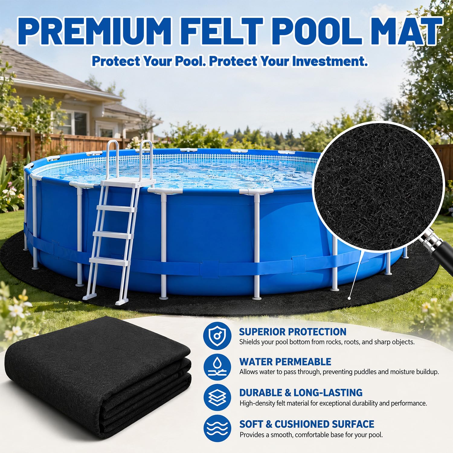 Tapis de Piscine Rond de 460 cm, bâche de Sol prédécoupée pour piscines Hors-Sol, sans Couture et résistante aux UV, protège Contre Les Pierres et l'humidité, Facile à Poser et réutilisable
