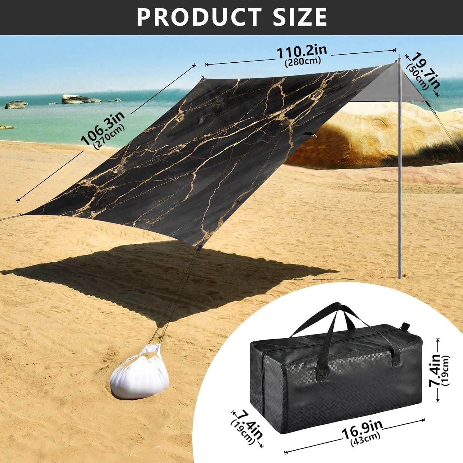 ALAZA Black & Gold Marble Art Beach Tent Sun Shelter UPF50+ Protection Beach Shade Canopy w/ 4 Sandbags for Outdoor Camping, Fishing, Backyard Fun, Picnic, 10x9 ft