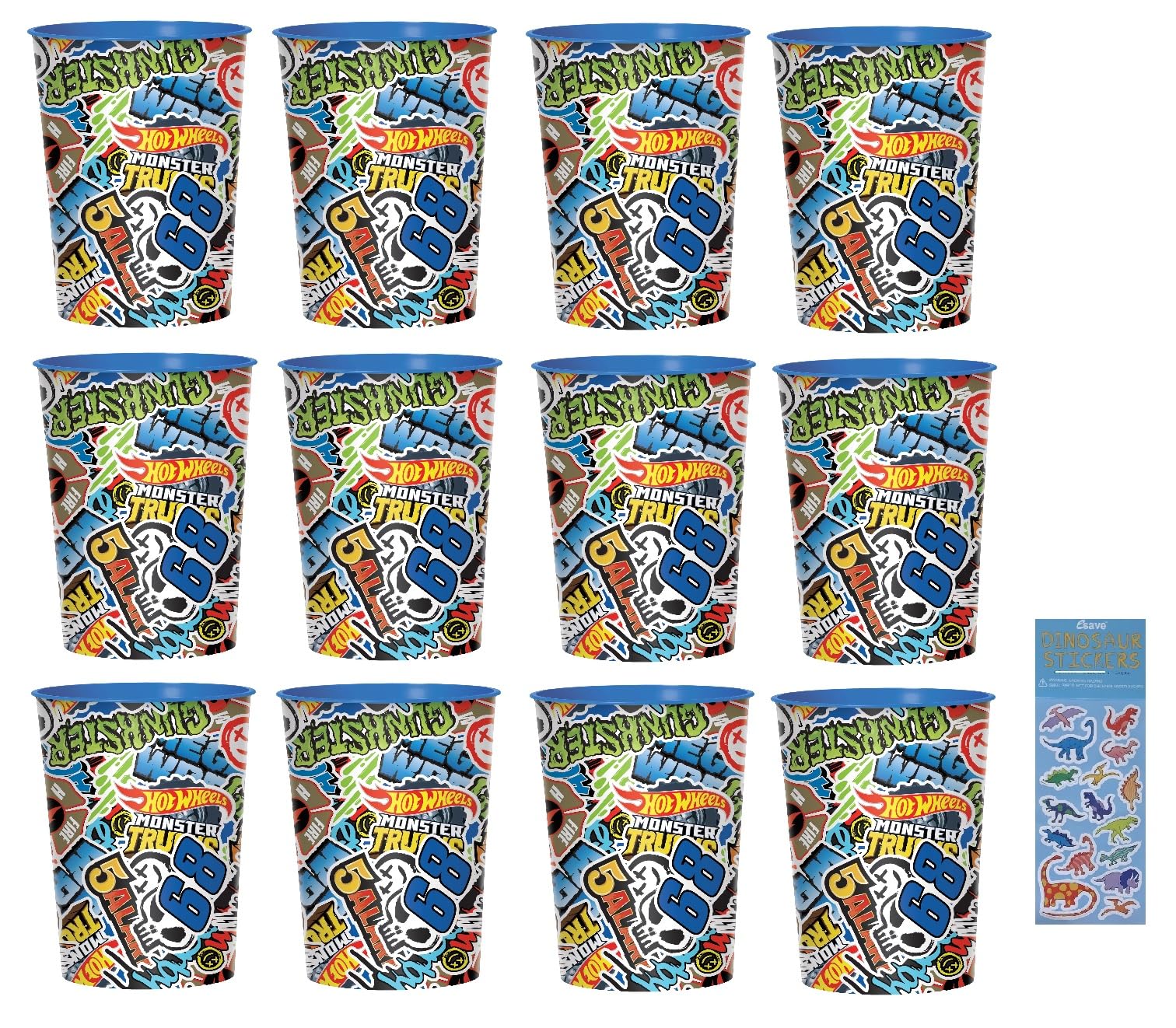 Amscan Monster Trucks Birthday Party Supplies Bundle includes 12 Plastic Reusable Cups 16oz and 1 Dinosaur Sticker Sheet