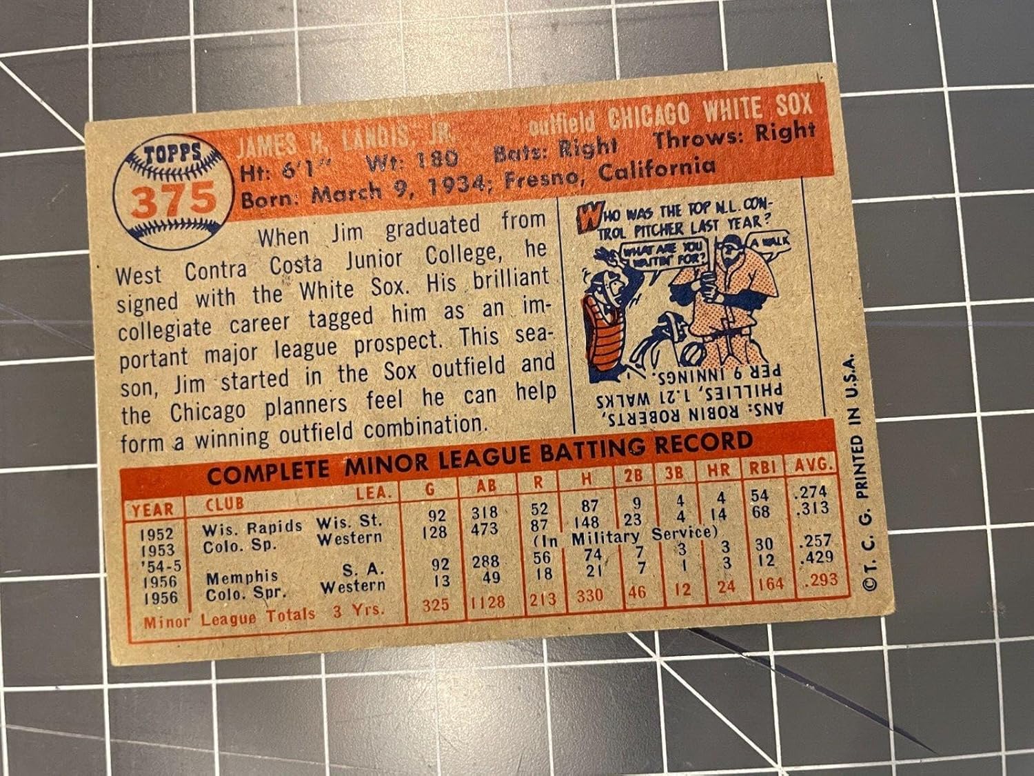 1957 Topps #375 Jim Landis Chicago Sox Baseball Card Nm - Slabbed Baseball Cards