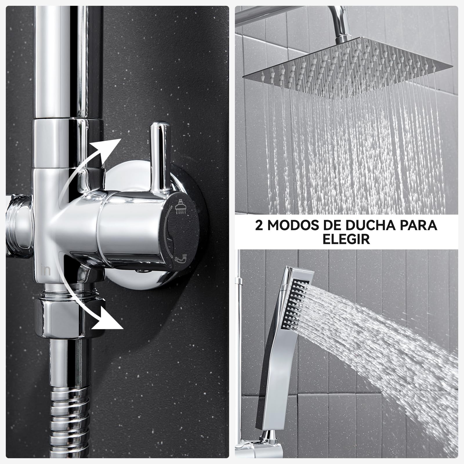 Auralum Columna Ducha sin Grifo, Set de Ducha con Cabezal de Ducha Lluvia 30×30 cm Cuadrado Acero Inoxidable, Alcachofa, Barra de Ducha Altura Regulable 68-108cm,válvula desviadora de Latón,Cromo — view 3