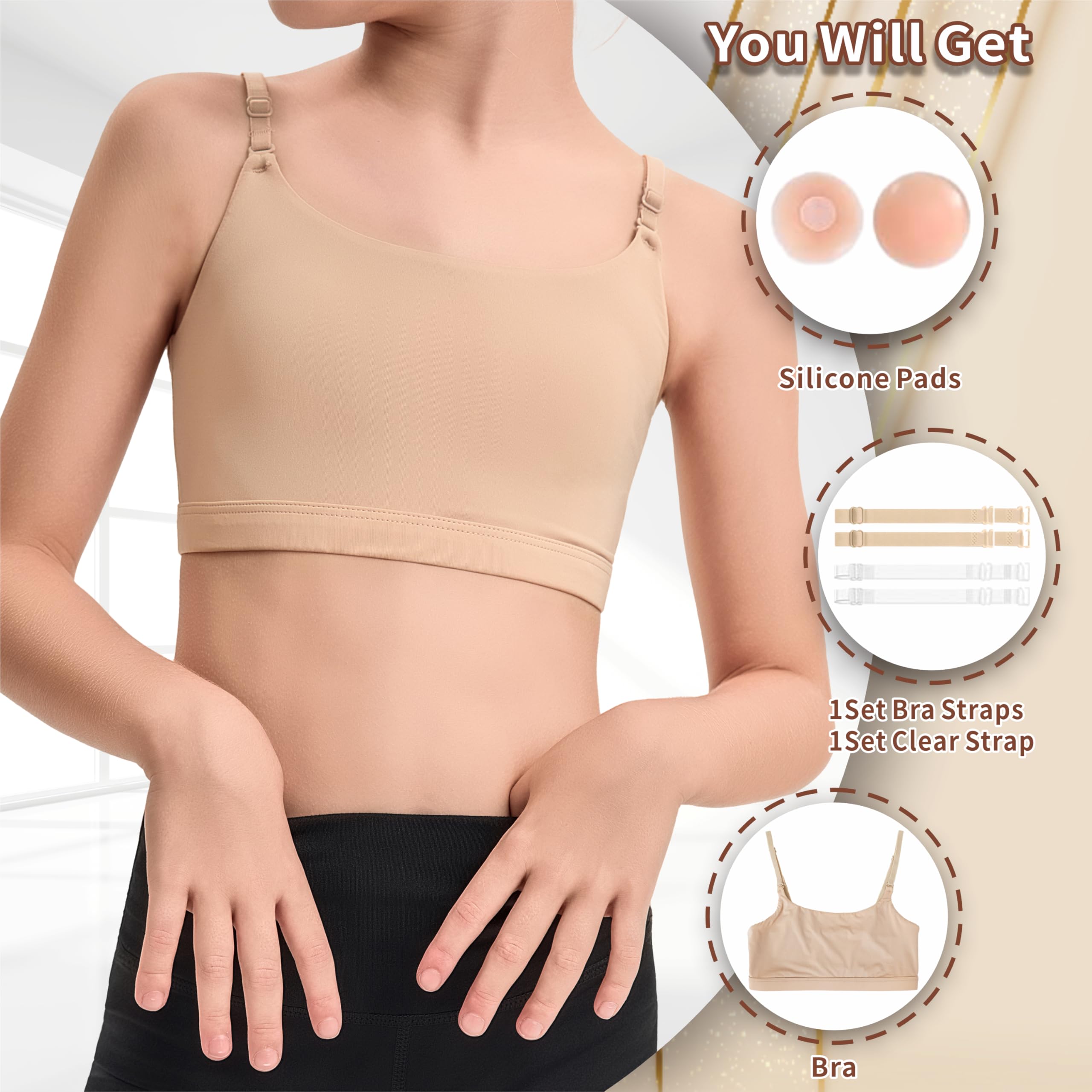 Adjustable Dance Bra Seamless Bra for Girls,7-16 Years Training Ballet Gymnastics with Clear Strap and Silicone Pads - 3