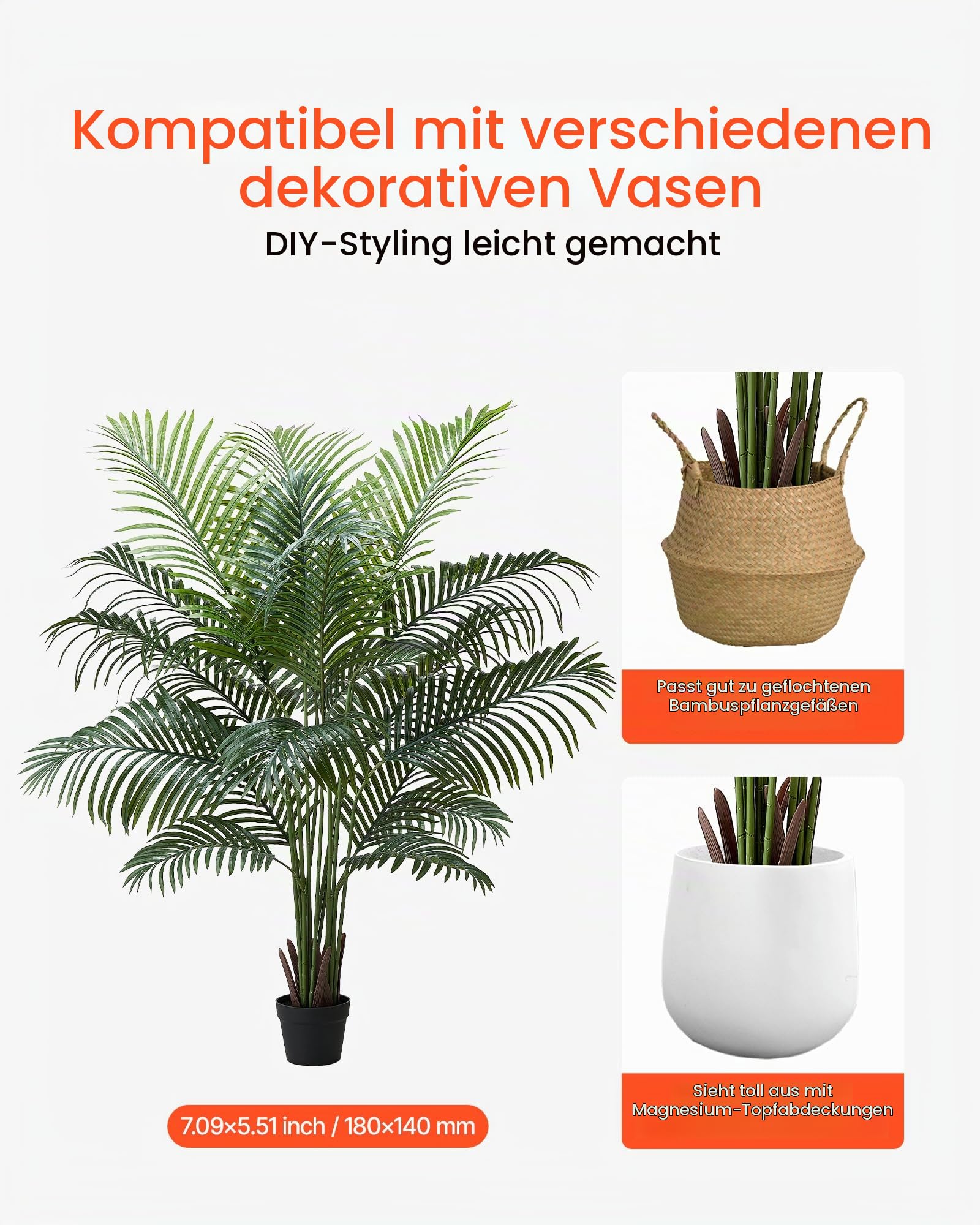 VEVOR Künstliche Areca-Palme, 1,8 m, künstliche Tropische Palmenpflanzen mit weißem Pflanzgefäß, Kunstseidenpflanze im Topf, Kunstbaum für Veranden, Wohnzimmer, Terrassen, Zuhause, Büro