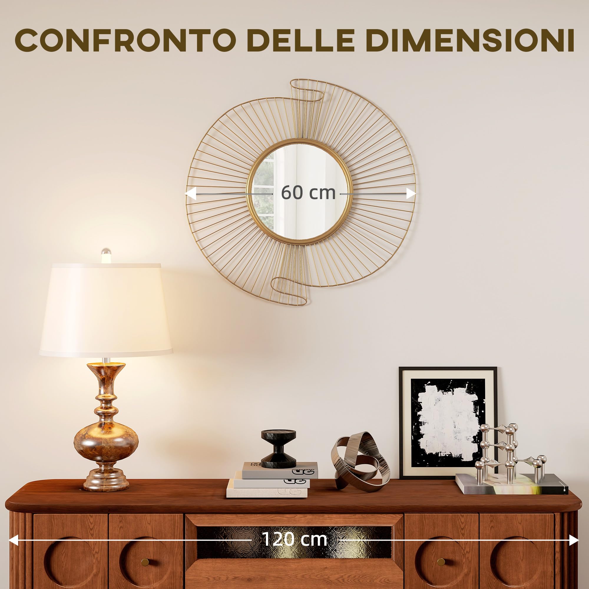 HOMCOM Decorazione Murale Specchio da Parete Rotondo, Specchiera Moderna con Strisce in Metallo e Design Plissettato, Wall Art per Soggiorno, Camera e Ingresso, 60x60 cm, Oro