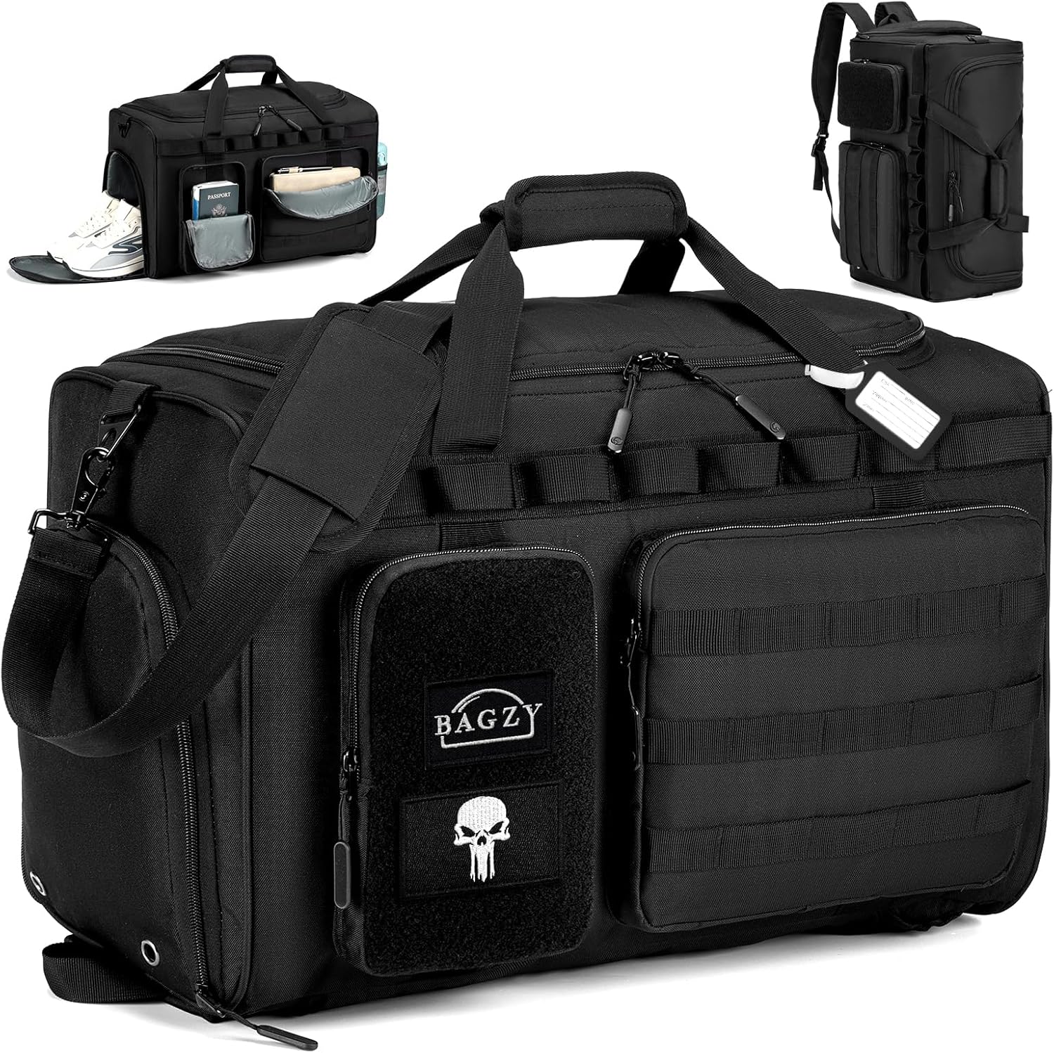 BAGZY Heren Sporttas 55L - Militaire Tactische Reistas Waterdicht met Schoeisvak voor Sport, Fitness, Reizen, Weekendtrips en Kamperen - Inclusief Toilettas Zwart