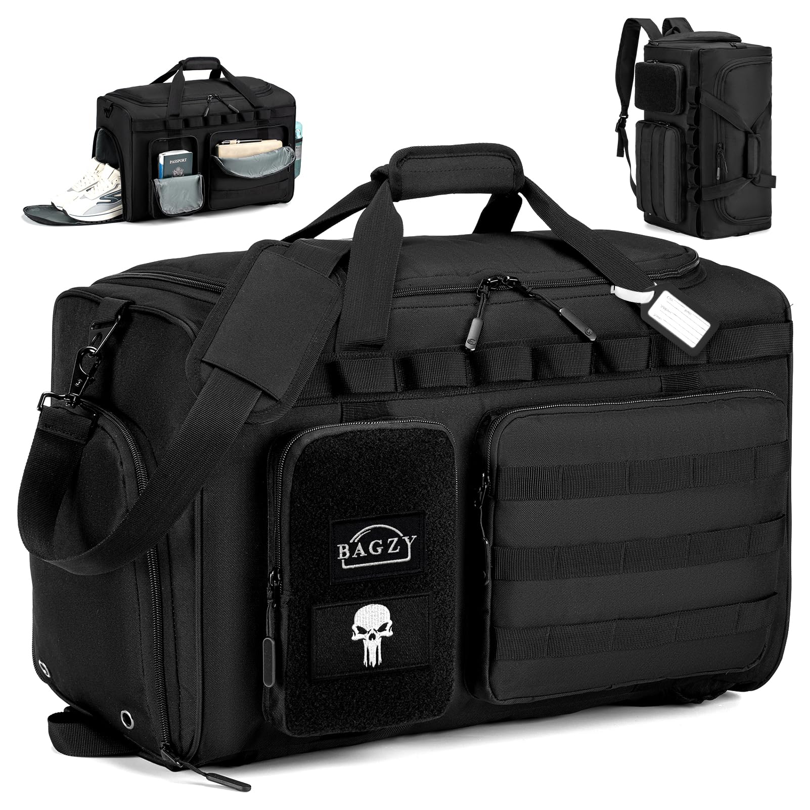 BAGZY Sac de Sport Homme 50L Sac de Voyage Tactique Militaire Imperméables Sacs Equitation 55x35x25cm Sacs d'entraînement avec Compartiment à Chaussures pour Tir Sportif Fitness Weekender Camping Noir