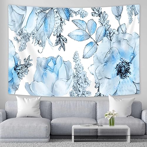 SAOLUIS Tapiz floral, tapiz de flores azules, tapiz estético floral de acuarela, tapiz floral de poliéster, para colgar en la pared para dormitorio,