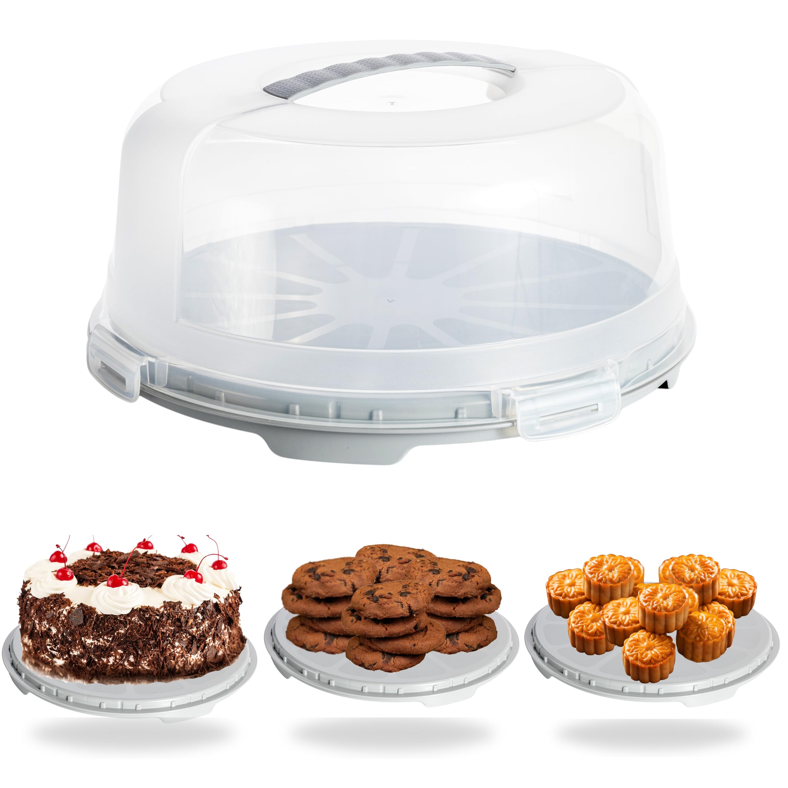 Buzztrove - Large Size | Cake Carrier with Handle | 30cm Tall Cake Storage Container with Airtight lid | Cake Storage Box with 4X Locking Lid for Cakes, Cupcakes, Pies & Pastries. (Grey)