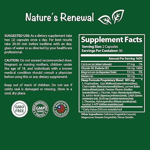 Miniatura 4 de Nature's Renewal Suplemento natural de hierbas para dormir con melatonina, flor de la pasión, L-triptófano, lúpulo, Ashwagandha, manzanilla, 60