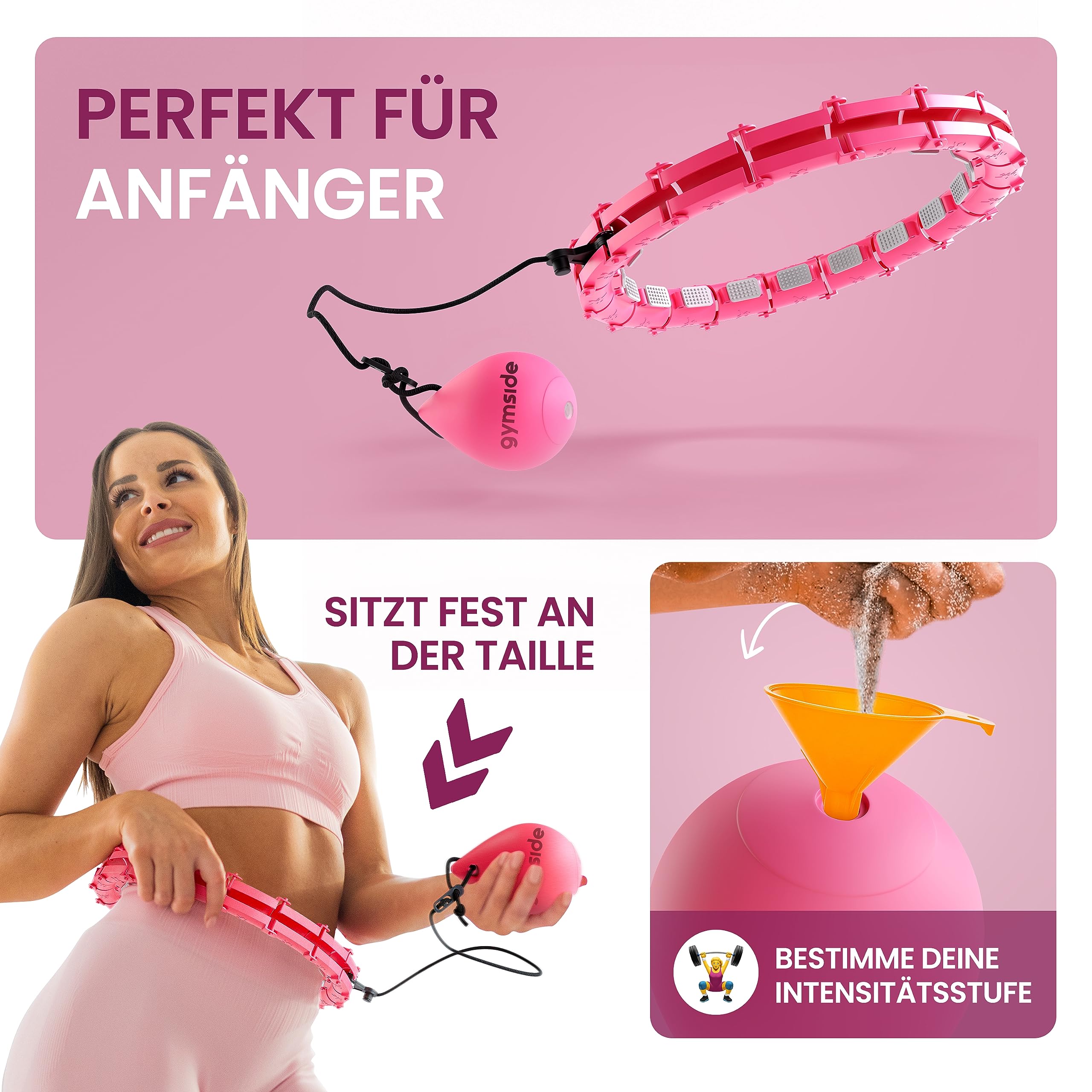 Gymside Hoopside Pro Original Quiet Smart Hula Hoop, Non-Falling, Suitable for Beginners, Hula Hoop to Lose Weight and Get Fit, with Massage Tips, 18 Detachable Links (Pink