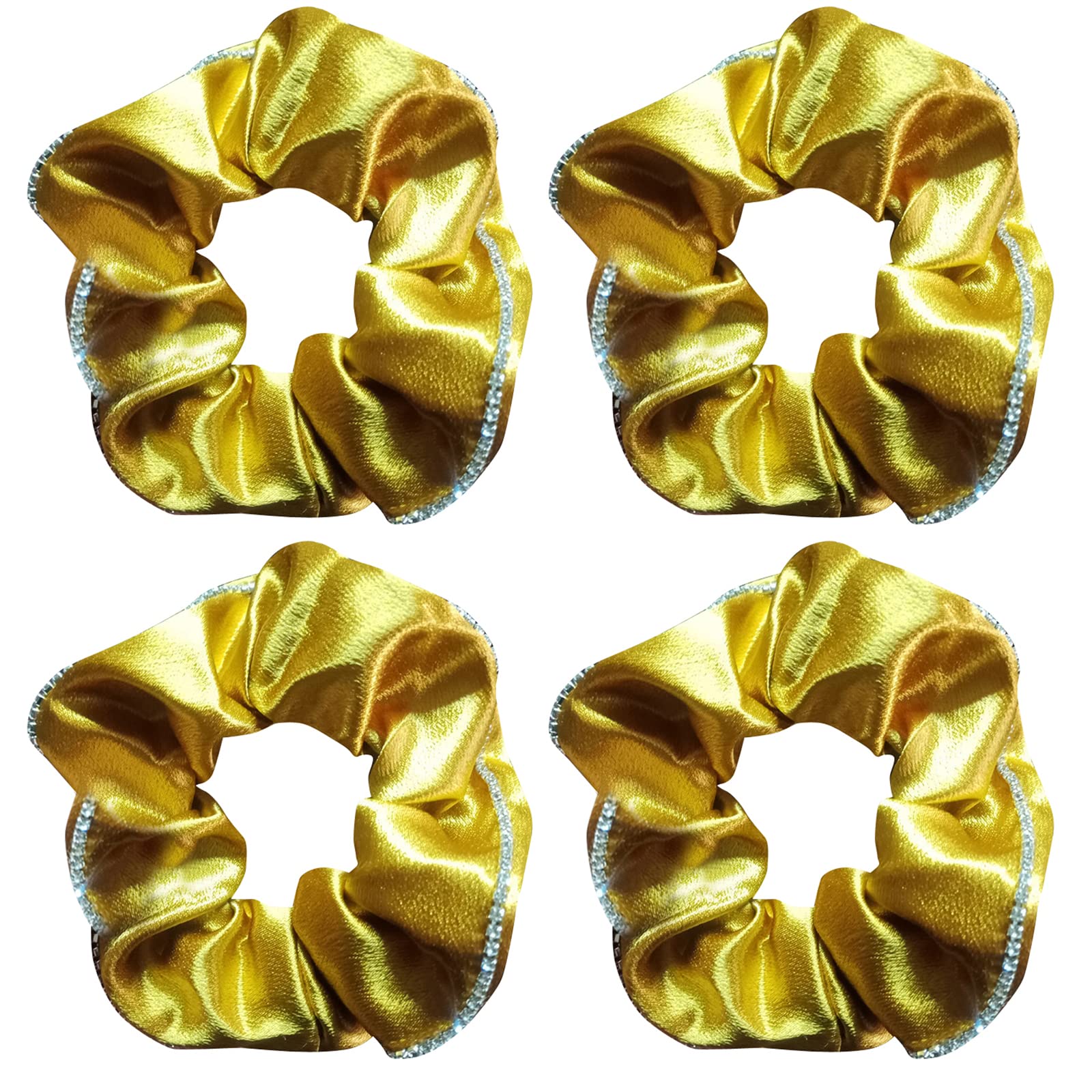 4 Pack Sparkle Satin Hair Scrunchies for Thick Hair Bright Silky Hairstyle Ponytails Holder Rhinestone Border Hair Scrunchy Elastic Hair Bands Ties Hair Accessories Pineapple Hair Wrist Band for Women Girls Bridesmaid Curly Coarse Hair Bun Workouts (Gold)