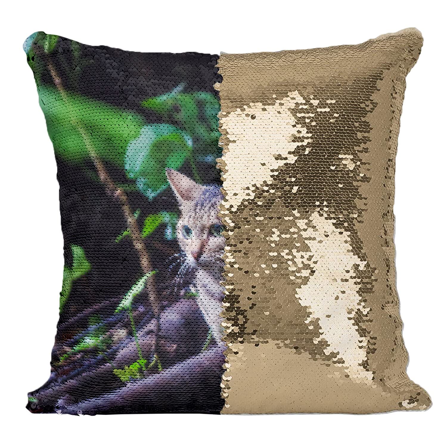 Coussin paillettes doré chat européen gray tabby réversible