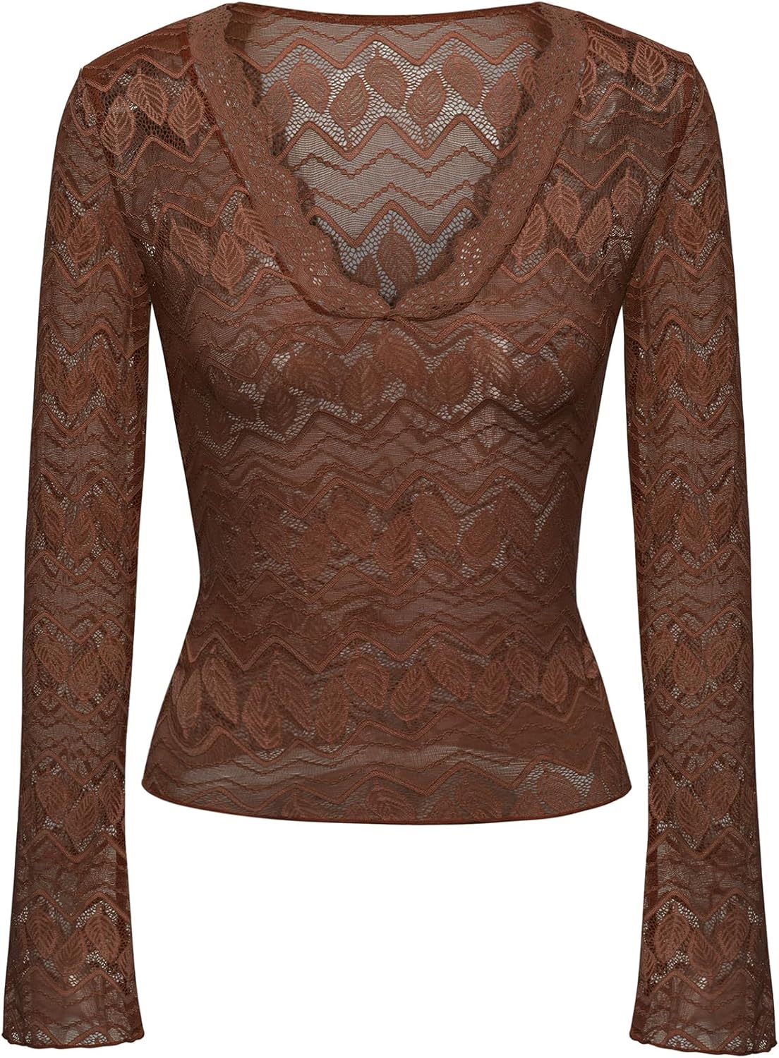 REORIA Women's Sexy Lace Sheer Mesh Tops Long Bell Sleeve Basic Tee Y2K Going Out T Shirts Deep V See Through Blouses - Image 5