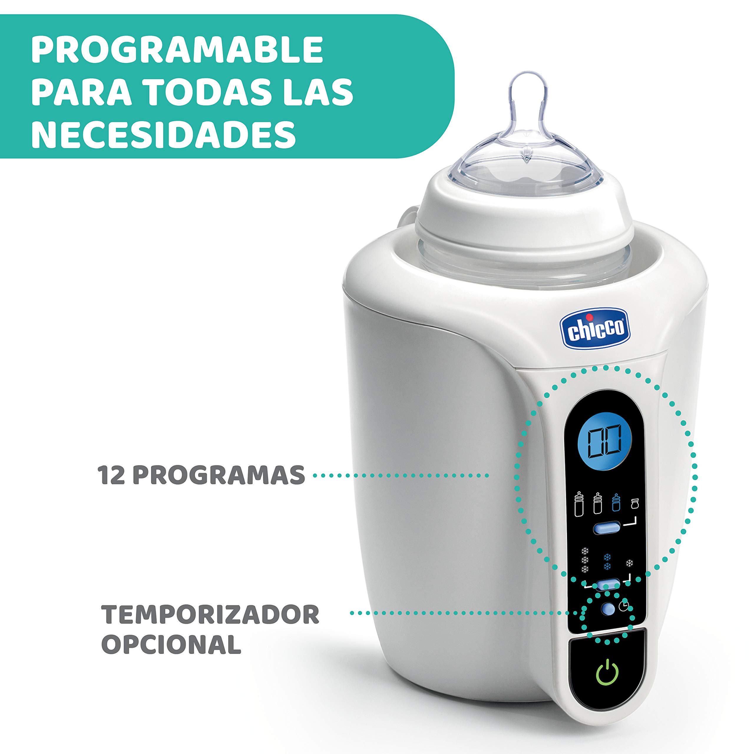 Chicco Calienta Biberones Digital, Calentador de Alimentos y Biberones para Bebés con 12 Programas, Calienta a la Temperatura adecuada, Temporizador y Función de Descongelación, para Potitos, Blanco