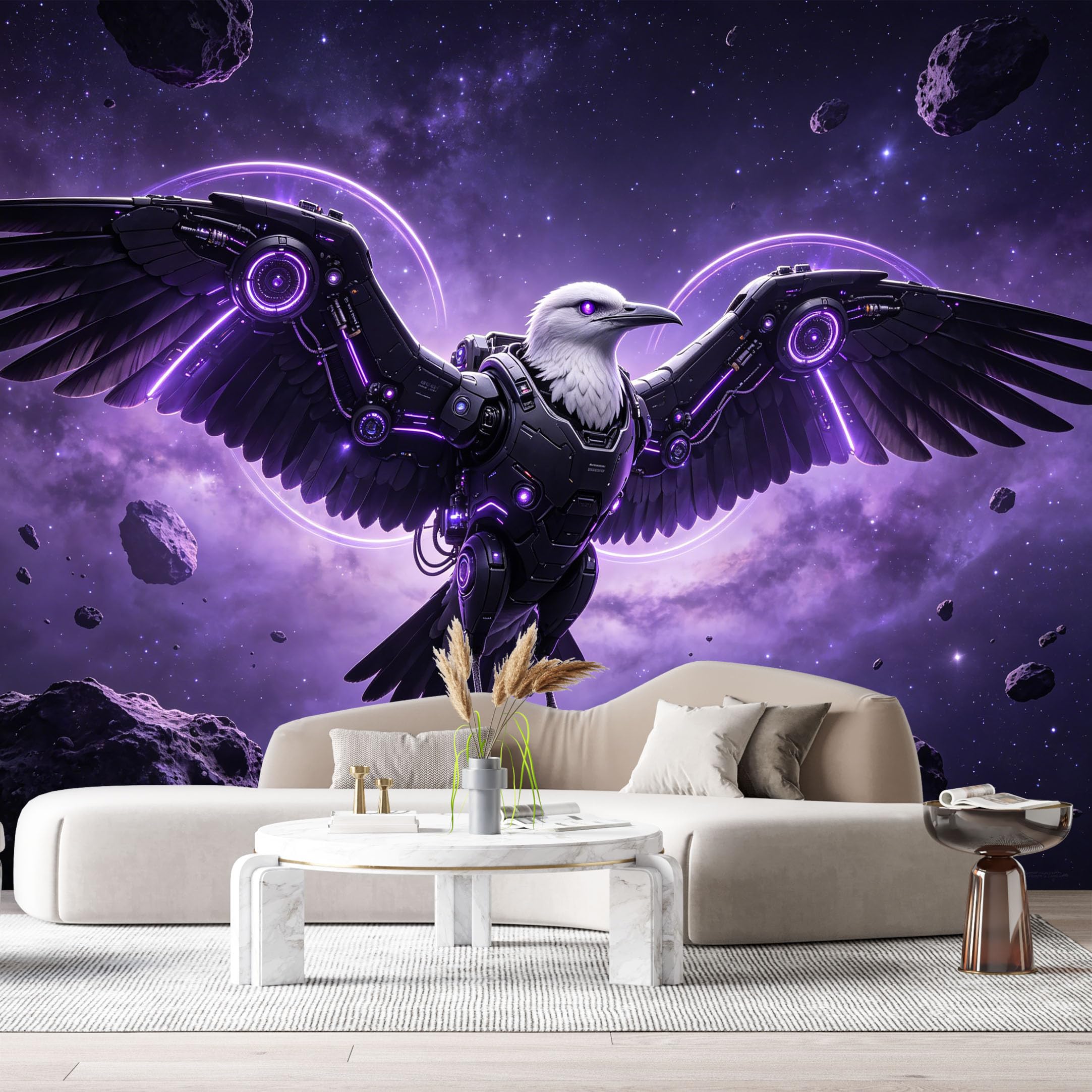 Custom Size Wall Mural Cyber Raven Mechanical Bird Futuristic Neon SciFi Space Mecha SelfAdhesive Art Prints Removable Large Wallpaper Boy Bedroom Esports Room Game Room Tenant Room Studio