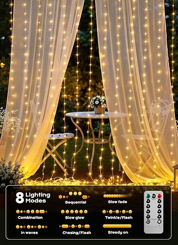 Vista 2 de Brightown 300 LED Curtain String Lights, 9.8 FT Hanging Fairy Lights with Remote, 8 Modes, Waterproof Window Lights for Bedroom Backdrop Wedding