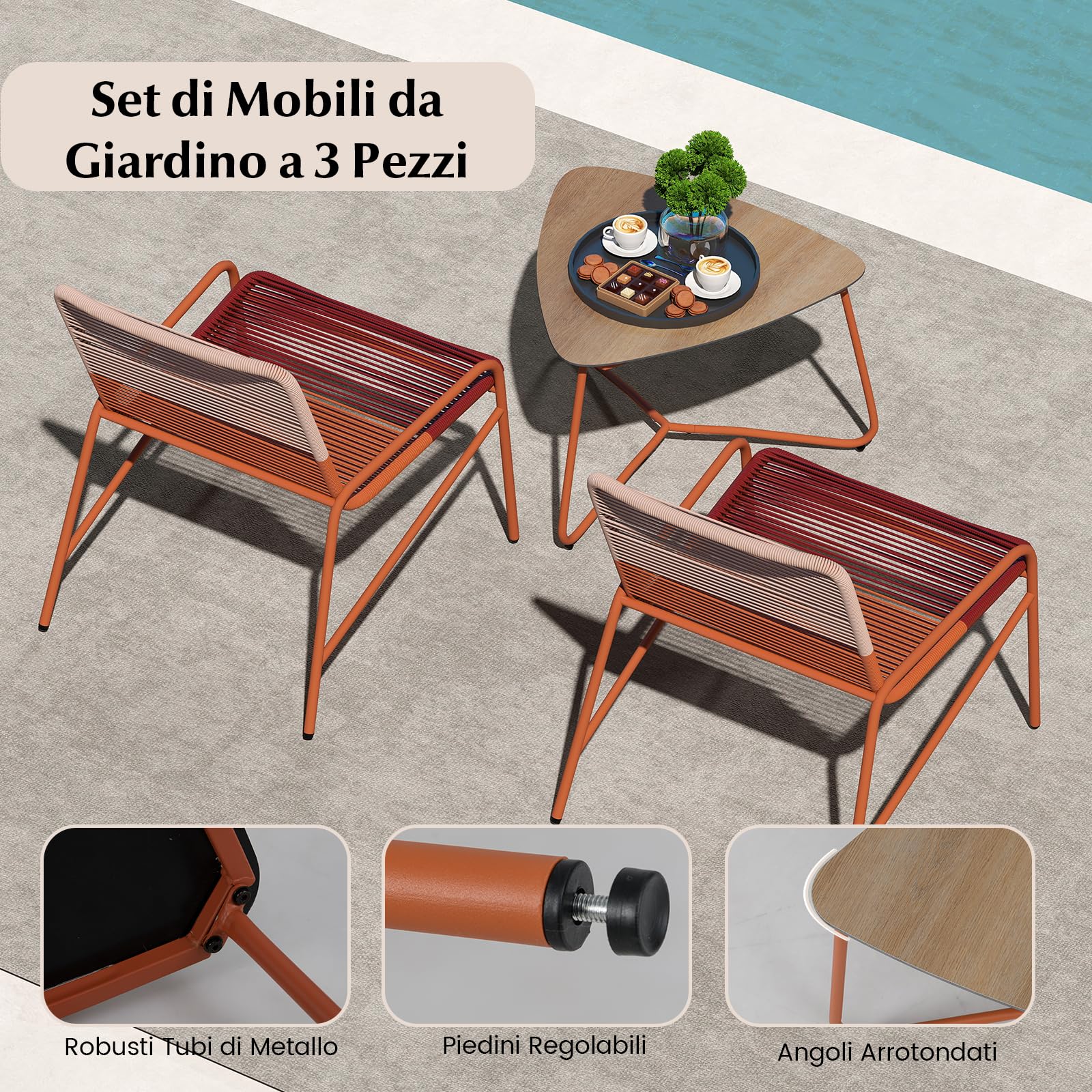 COSTWY Set Salotto da Giardino in Rattan PE, con 2 Sedie e Tavolo Laterale in Legno-Plastica, Set Bistro per Balcone, Portico e Cortile