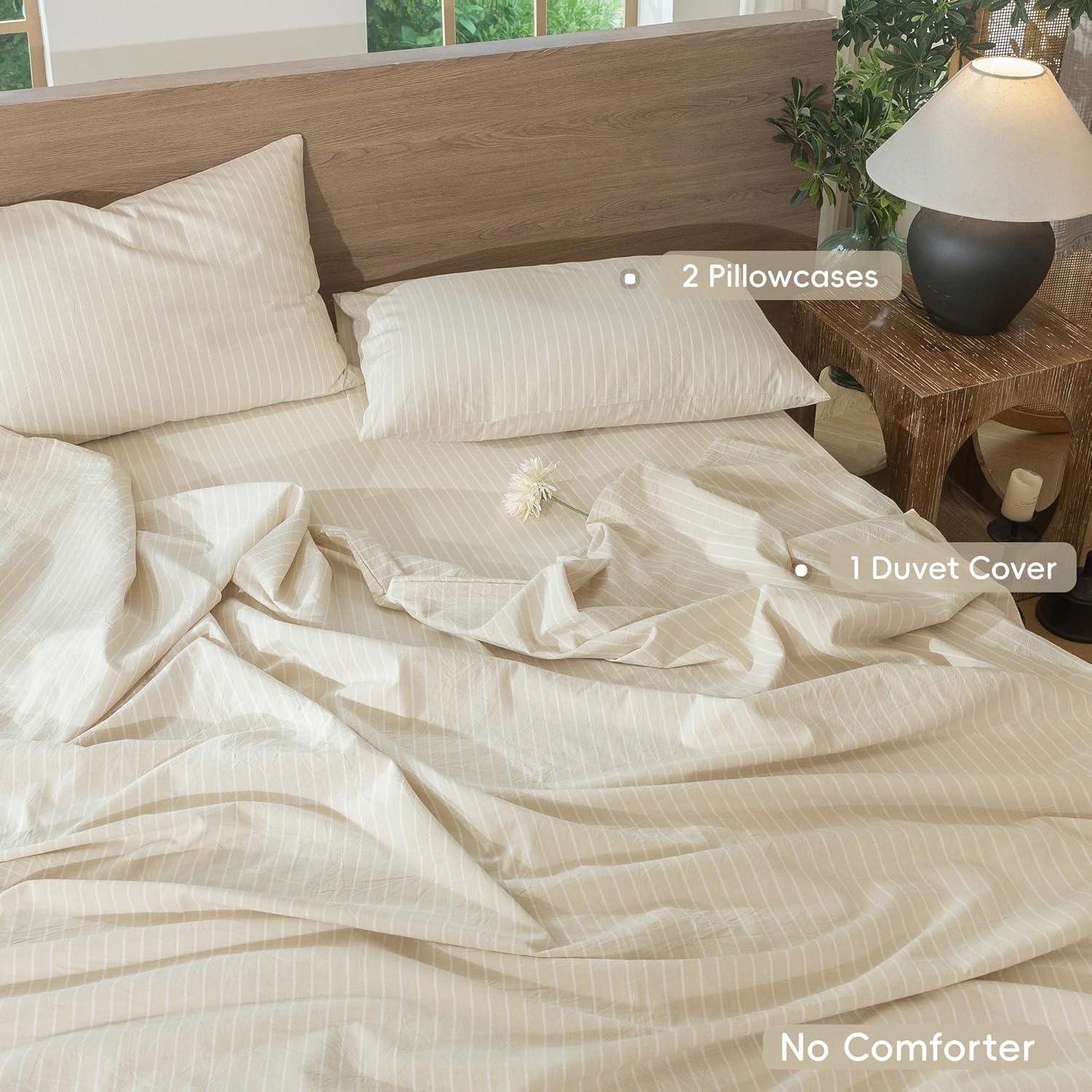 moomee striped duvet cover set 100% washed cotton linen like textured breathable durable soft comfy (almond milk grey white wide stripes, queen 90"x90") wide stripes - almond milk grey/ white (no comforter) queen (90"x90")