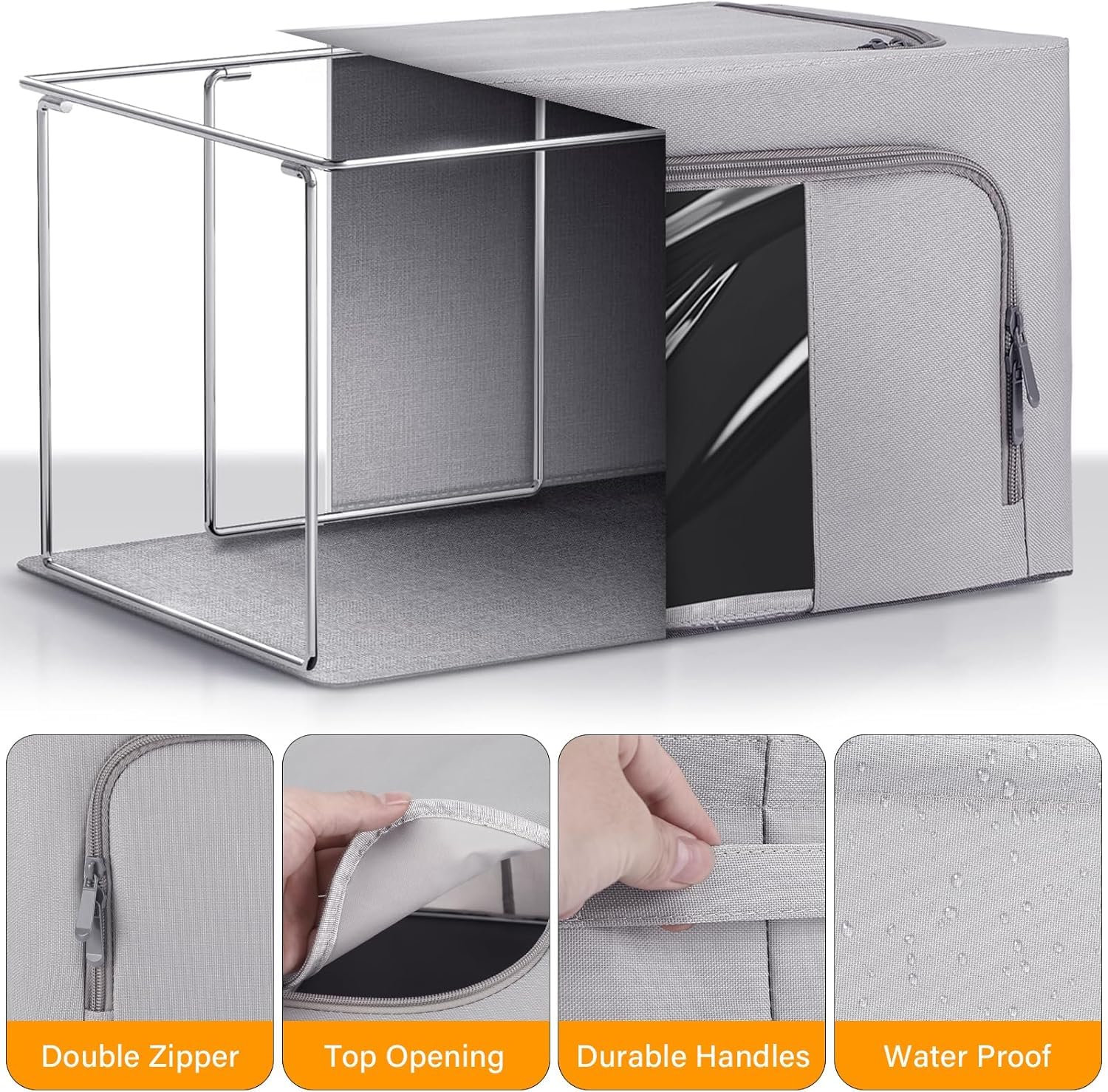 Cajas de Almacenamiento con Cremallera y Ventana Pack 3 Unidades Impermeable Metálica Plegables Gris claro 24L