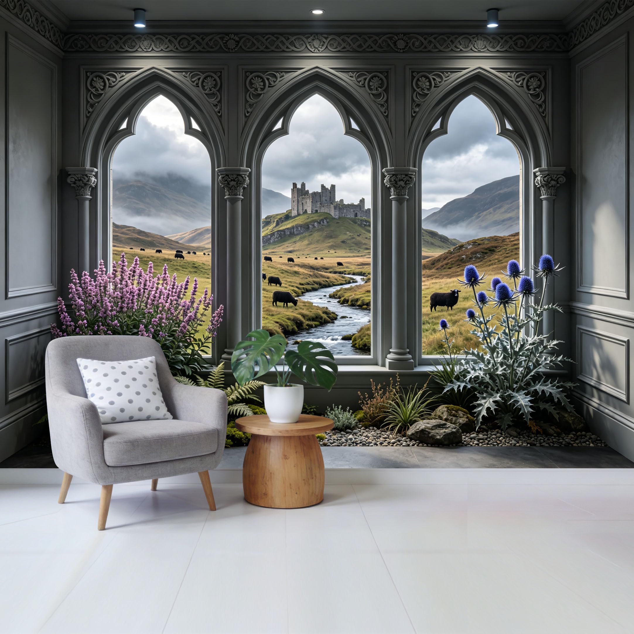 Custom Size Wall Mural Medieval Castle Landscape Through Gothic Arched Windows River Valley Botanical View Removable Self Adhesive Fabric Home Wall Decor for Living Room Bedroom Bathroom