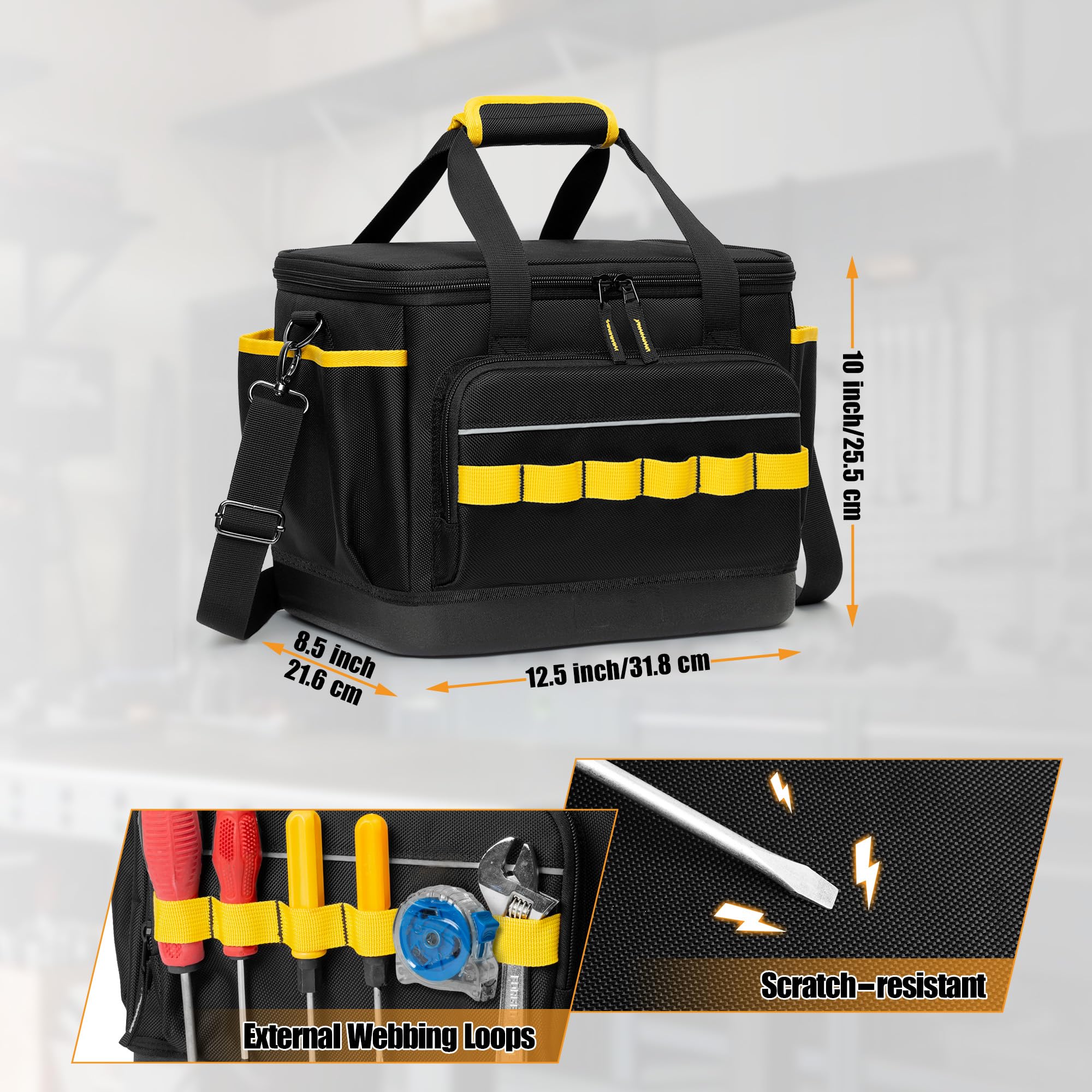 Rexmica 32cm Sac à Outils pour Hommes, avec Base Rigide en EVA/Bandoulière | Organiseur d'Outils Multifonction pour Électriciens, Plombiers, Mécaniciens et Usage Automobile, Noir/Jaune