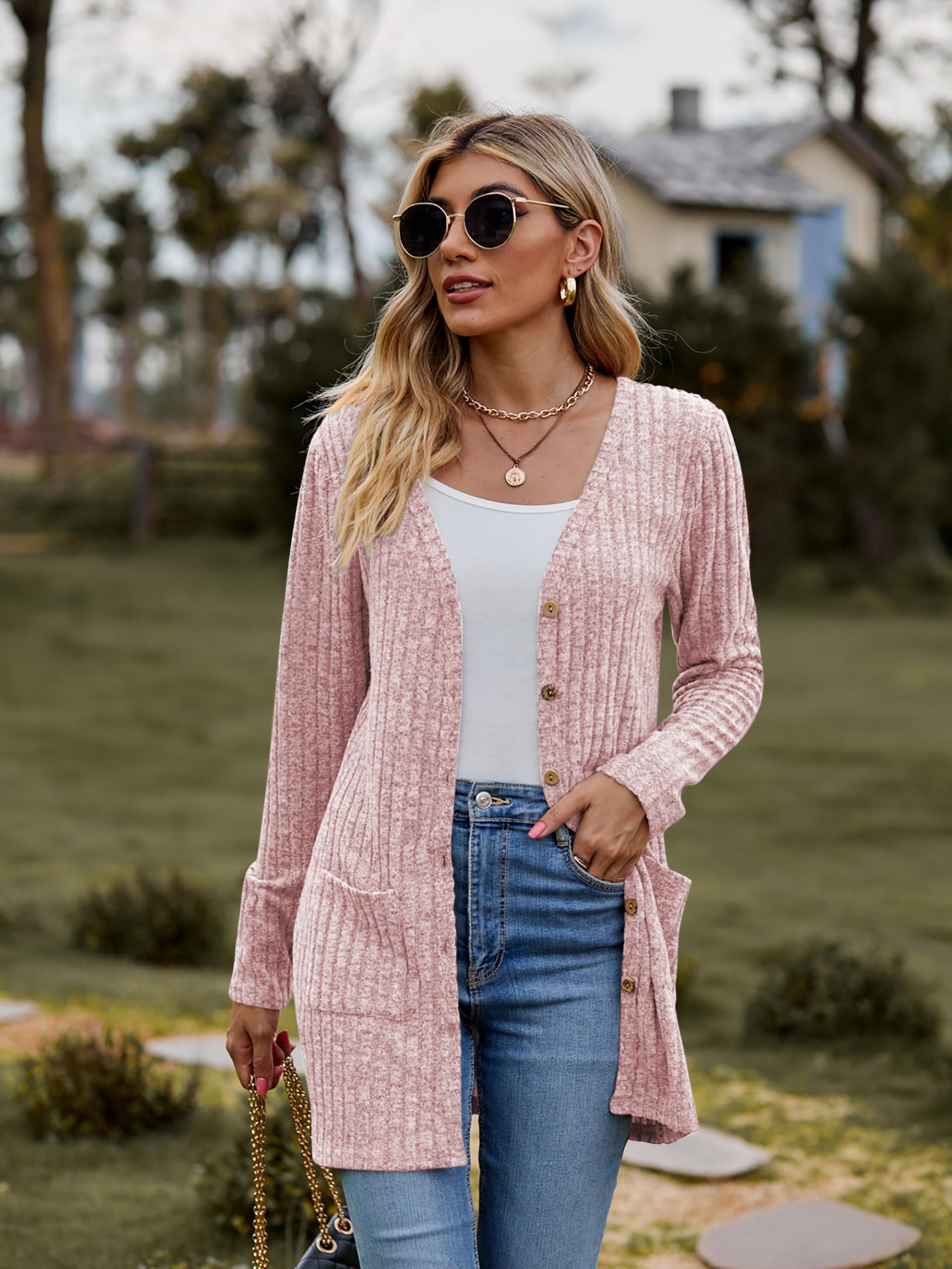 Famulily Frauen Langarm Open Front Cardigans, Button Down V Neck Leichte Outwear Pullover mit Taschen