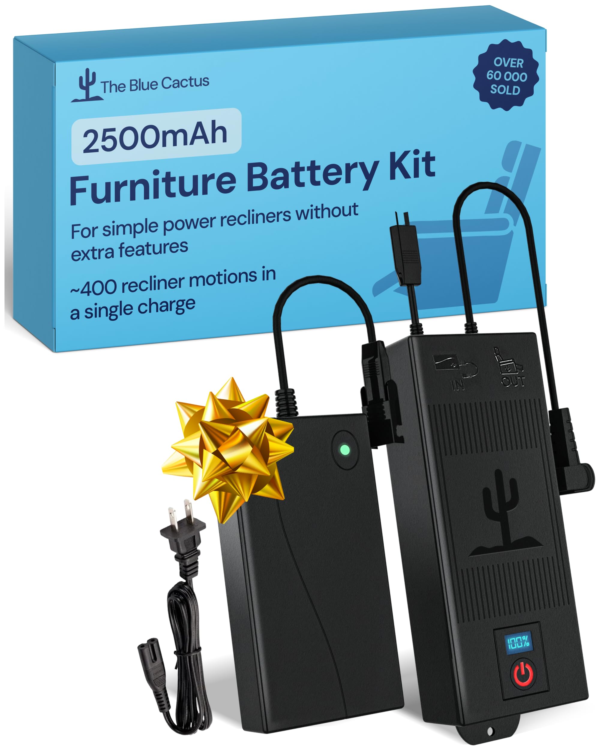 The Blue Cactus 2500mAh Furniture Battery Kit - Battery, Power Transformer, Power Cord - 2-Pin Furniture Connector - with LCD Display for Simple Recliner Chairs