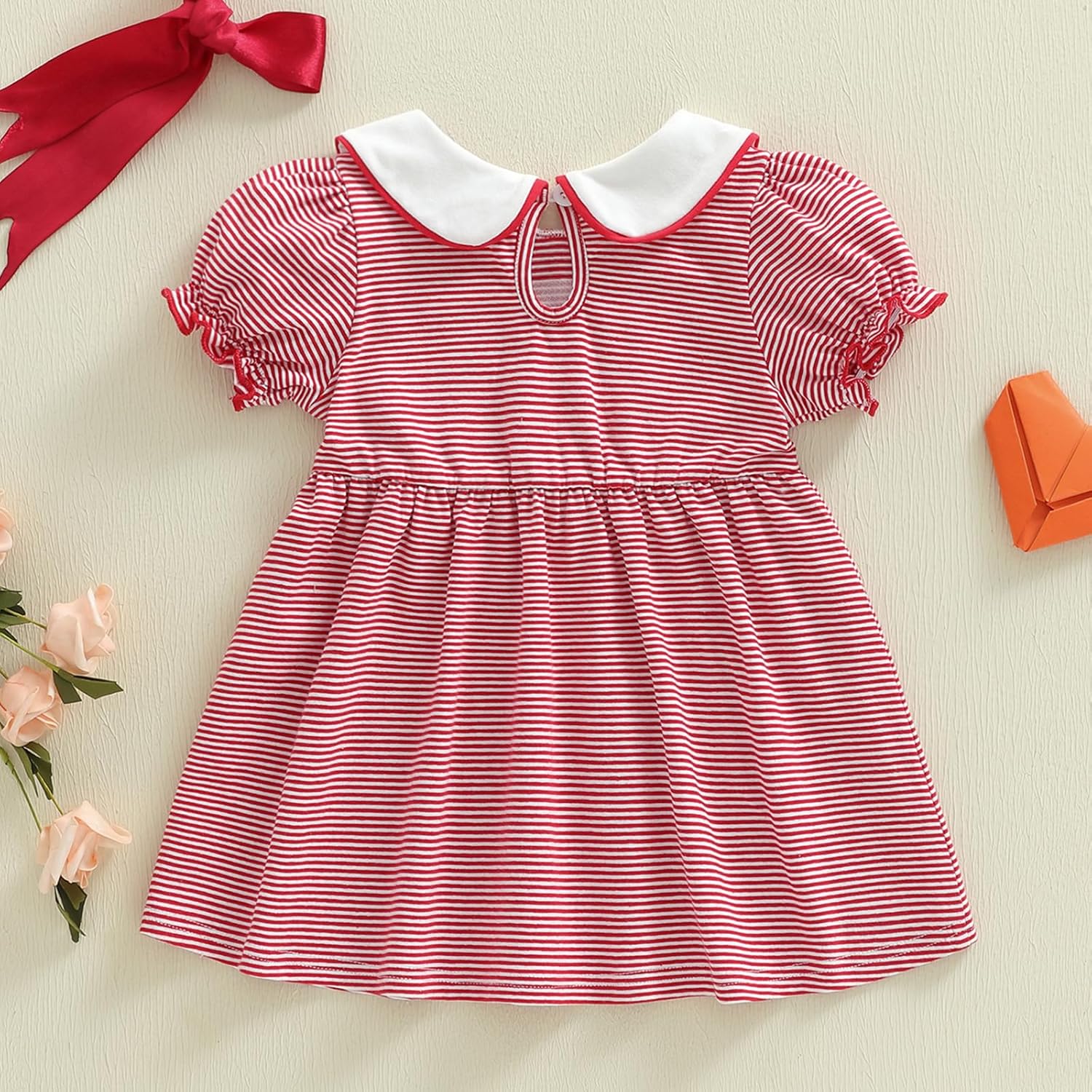 Toddler Little Baby Girl Valentines Day Dress Love Print Smocked Dress Short Sleeve Doll Collar Plaid Dresses - Image 6