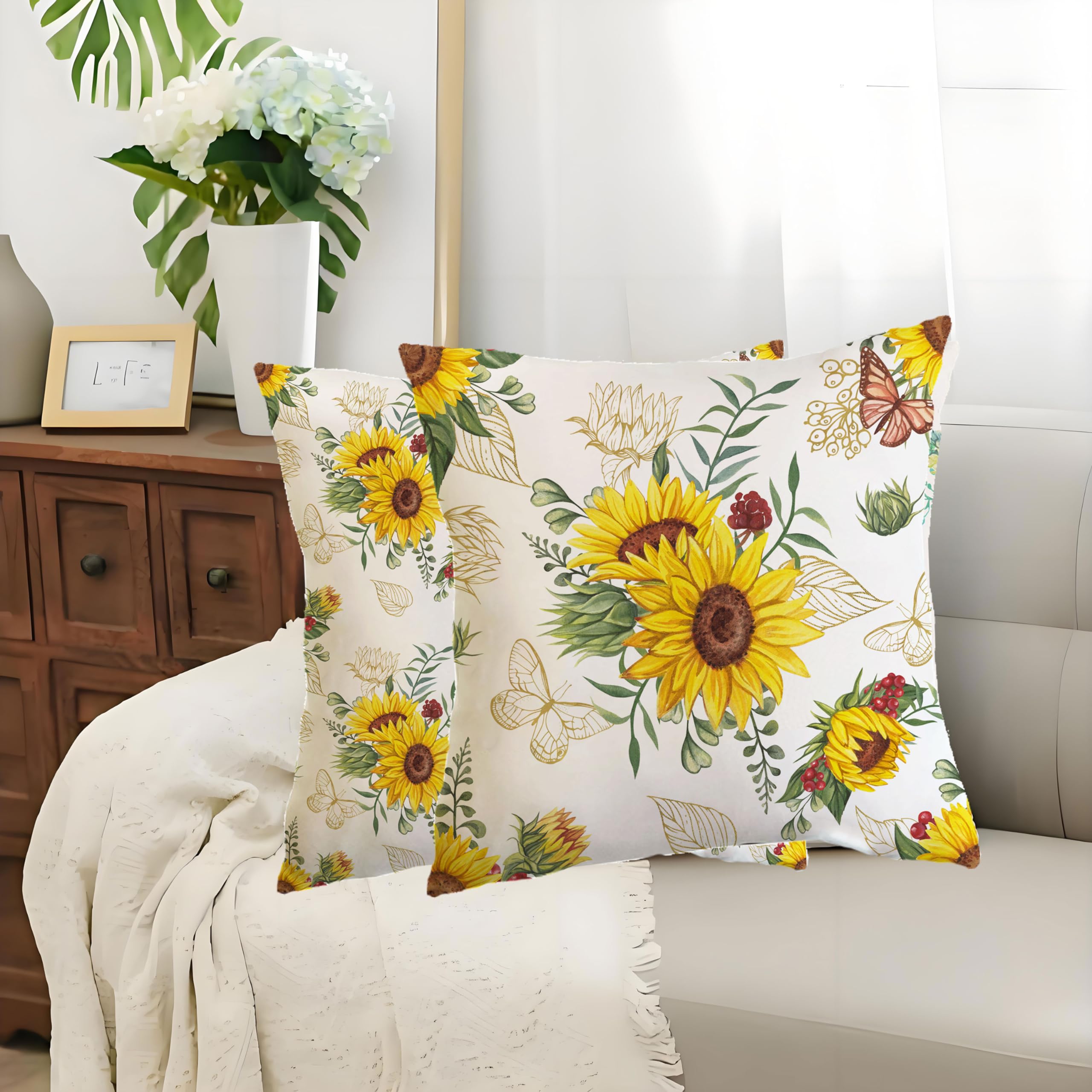 Throw Pillow Covers 18x18',Yellow Sunflowers and Butterflies Throw Pillowcase Decorative Cushion Case for Sofa Bedroom Cushion Home Decor Set of 2, White, beijiarui-covers -4