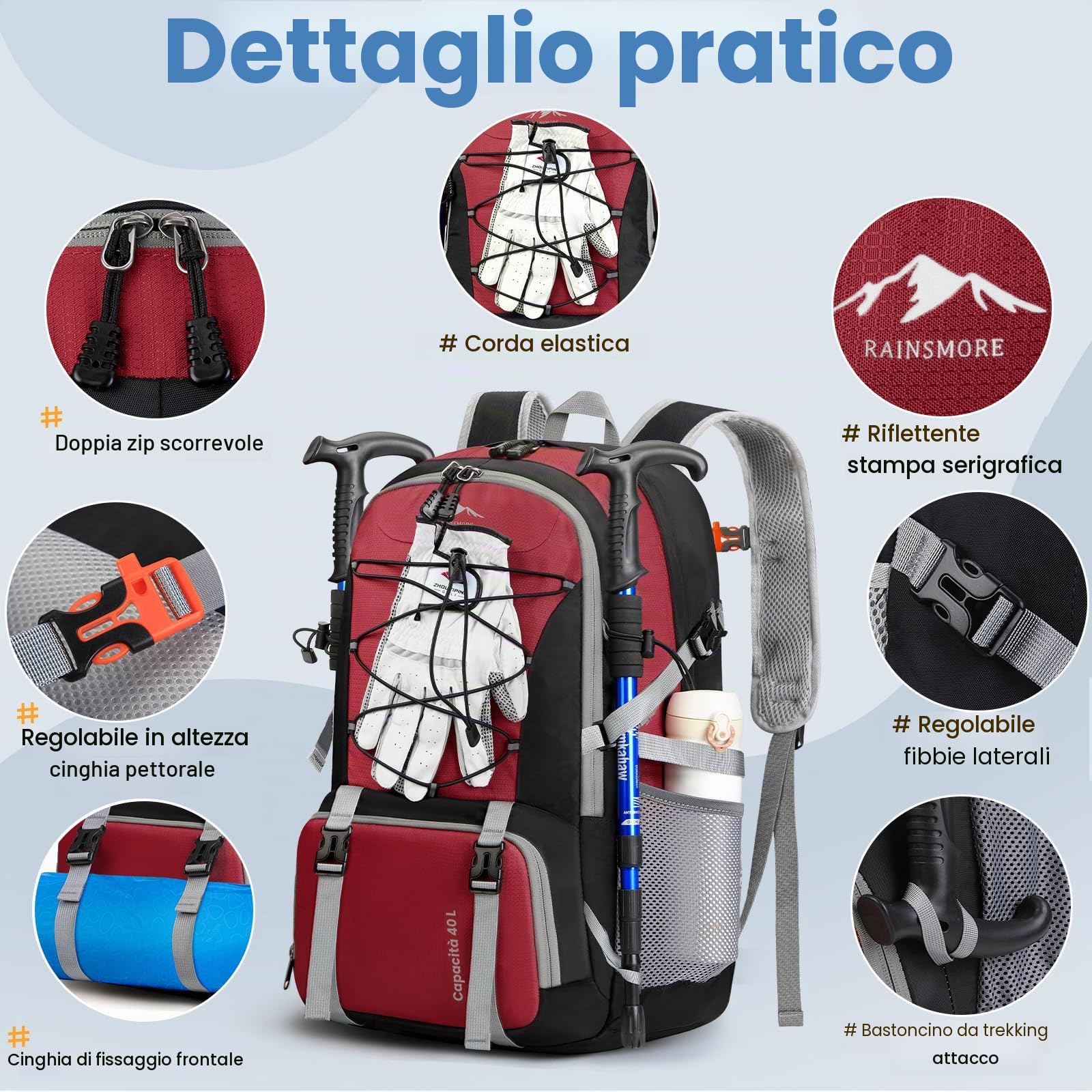 RAINSMORE Zaino Trekking 40 Litri Zaino Pieghevole Impermeabile Zaino Montagna Zaino da Viaggio Uomo e Donna Zaino Escursione per Hiking Campeggio Rosa