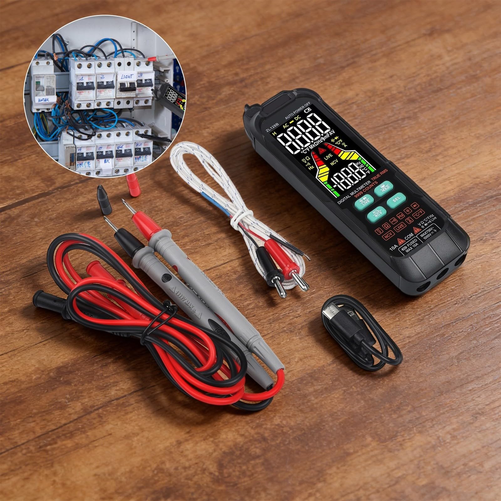 Multímetro digital ZL128 9999 Counts True para RMS, voltímetro de rango automático con prueba de cable vivo NCV y muestra de temperatura (ZL128B)